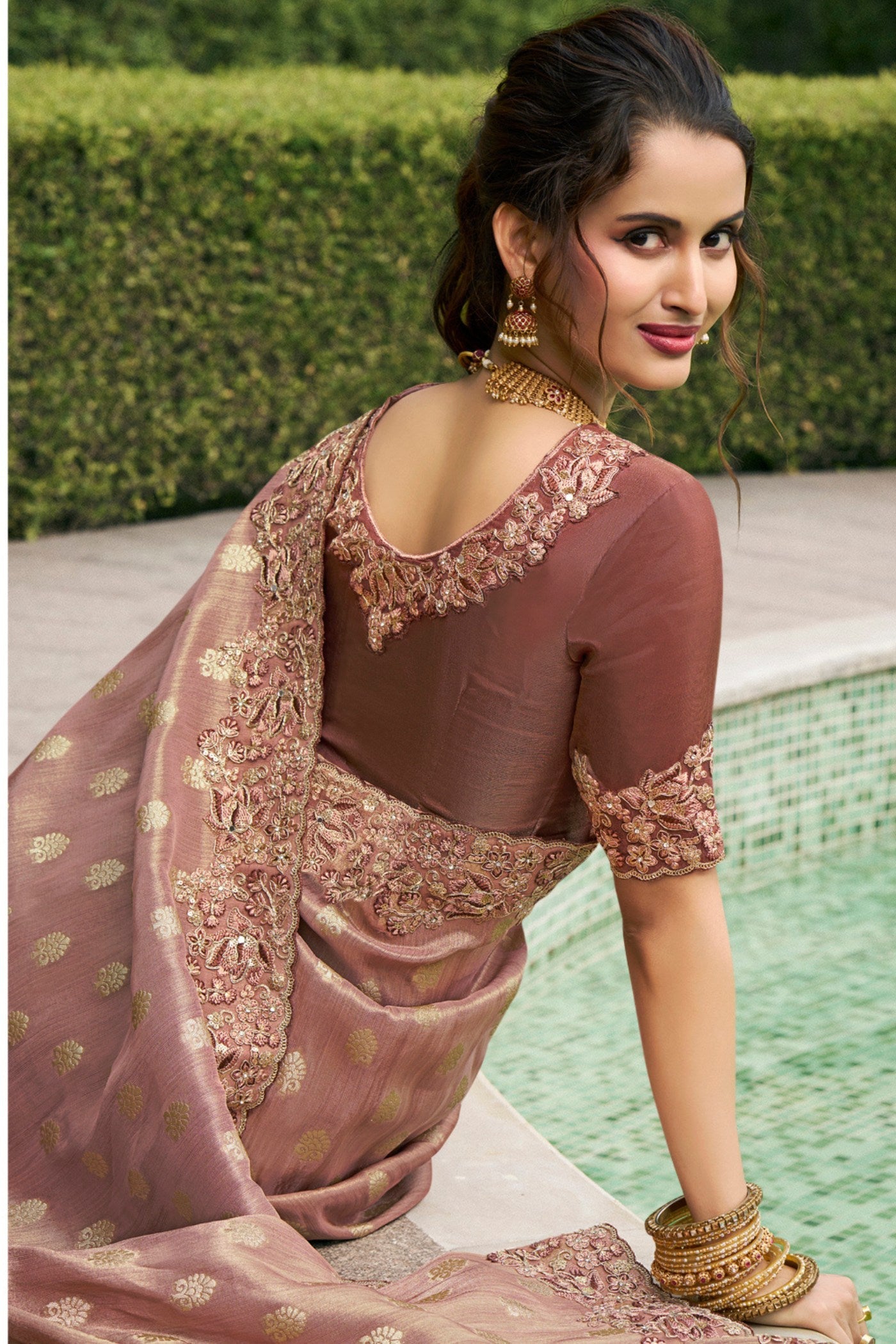 Coffee Brown Banarasi Designer Embroidered Saree