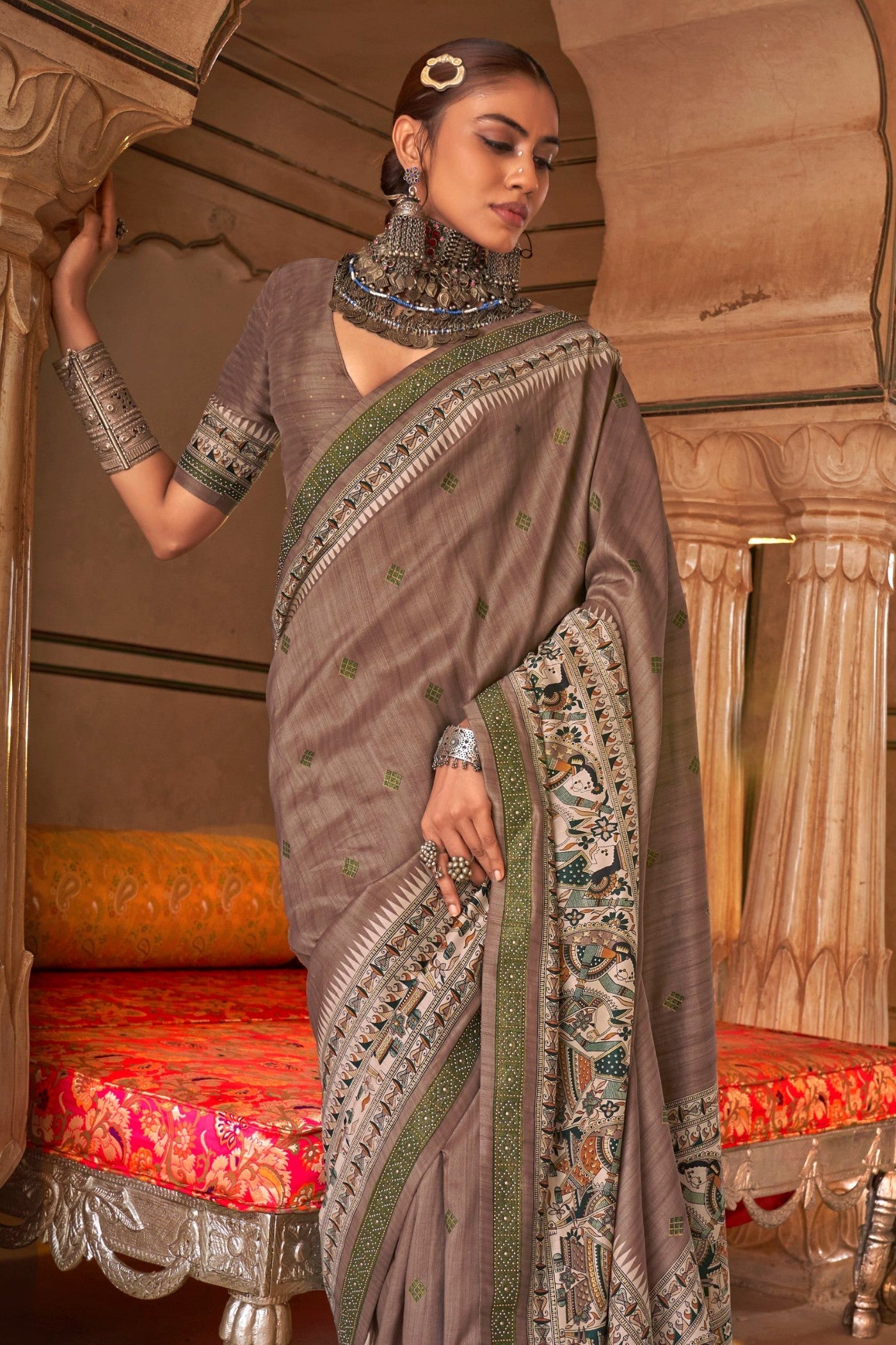 Mocha Brown Printed Patola Saree