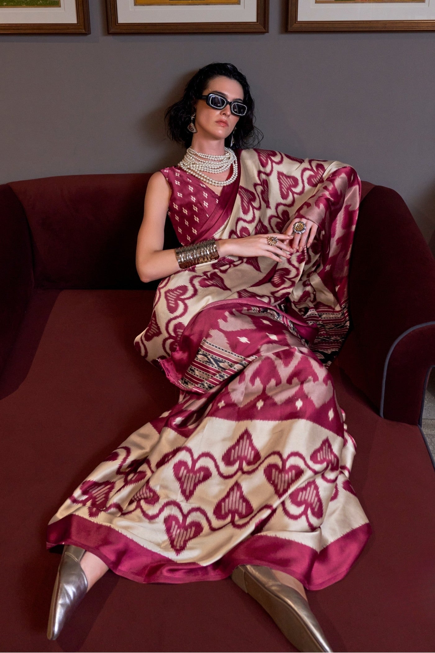 Aesthetic Maroon Patola Printed Satin Crepe Saree