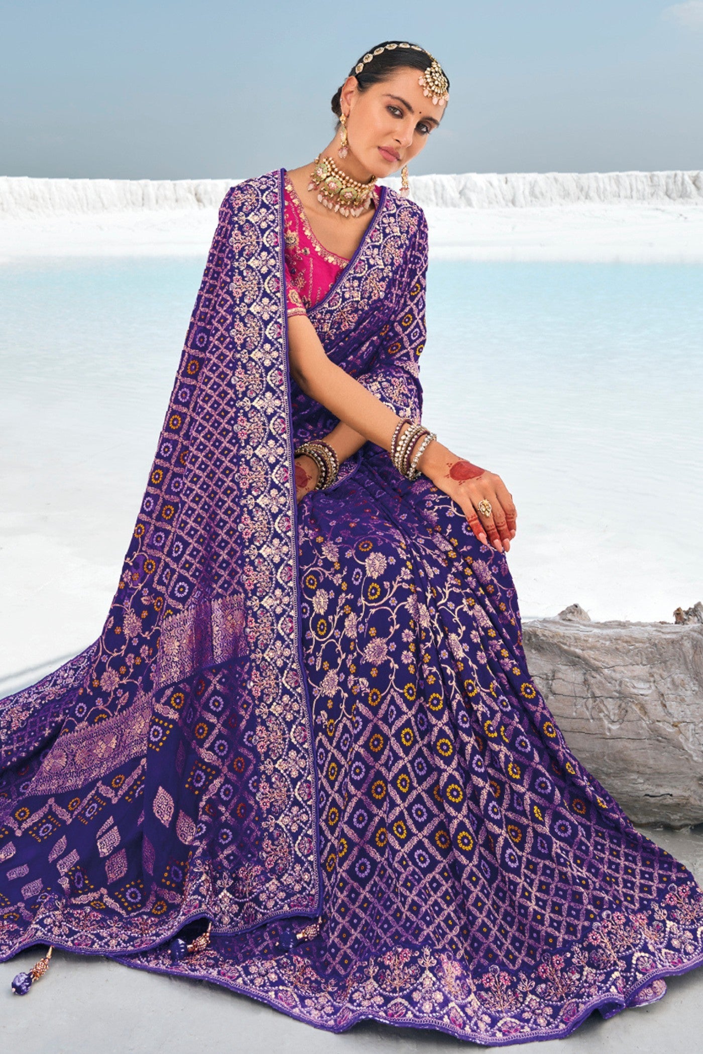 Blue Hibiscus Georgette Patola Saree