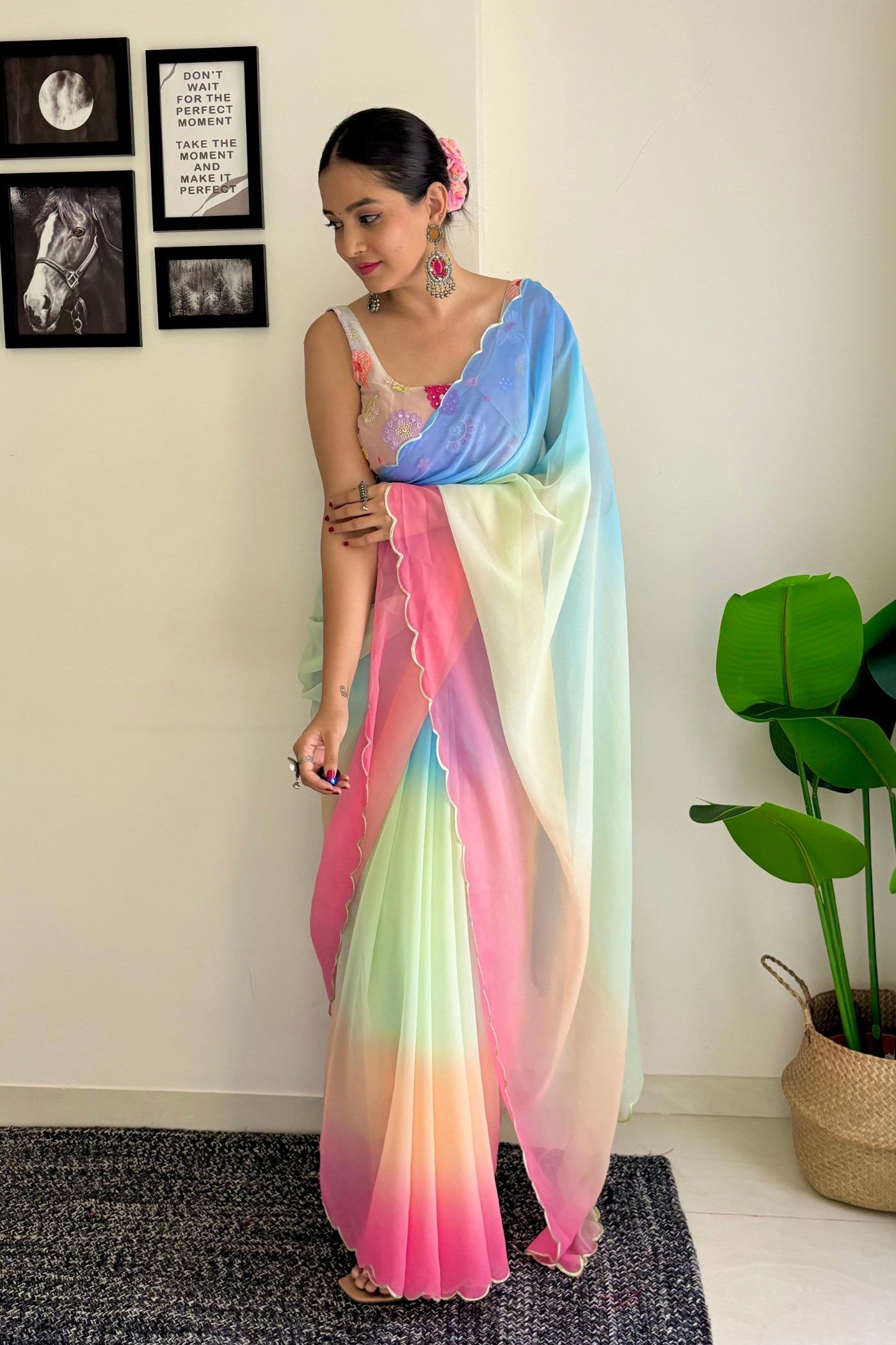 Bloom Pink and Blue Georgette Saree