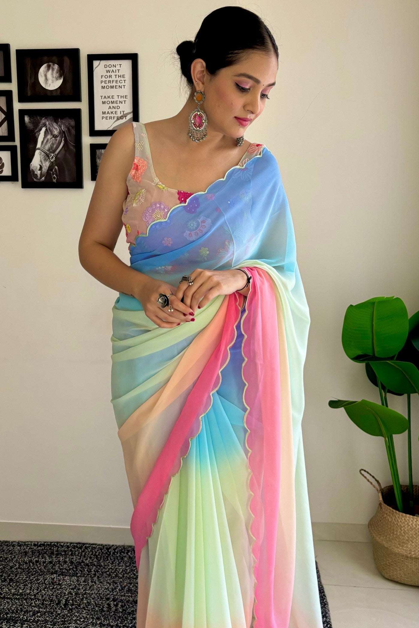 Bloom Pink and Blue Georgette Saree