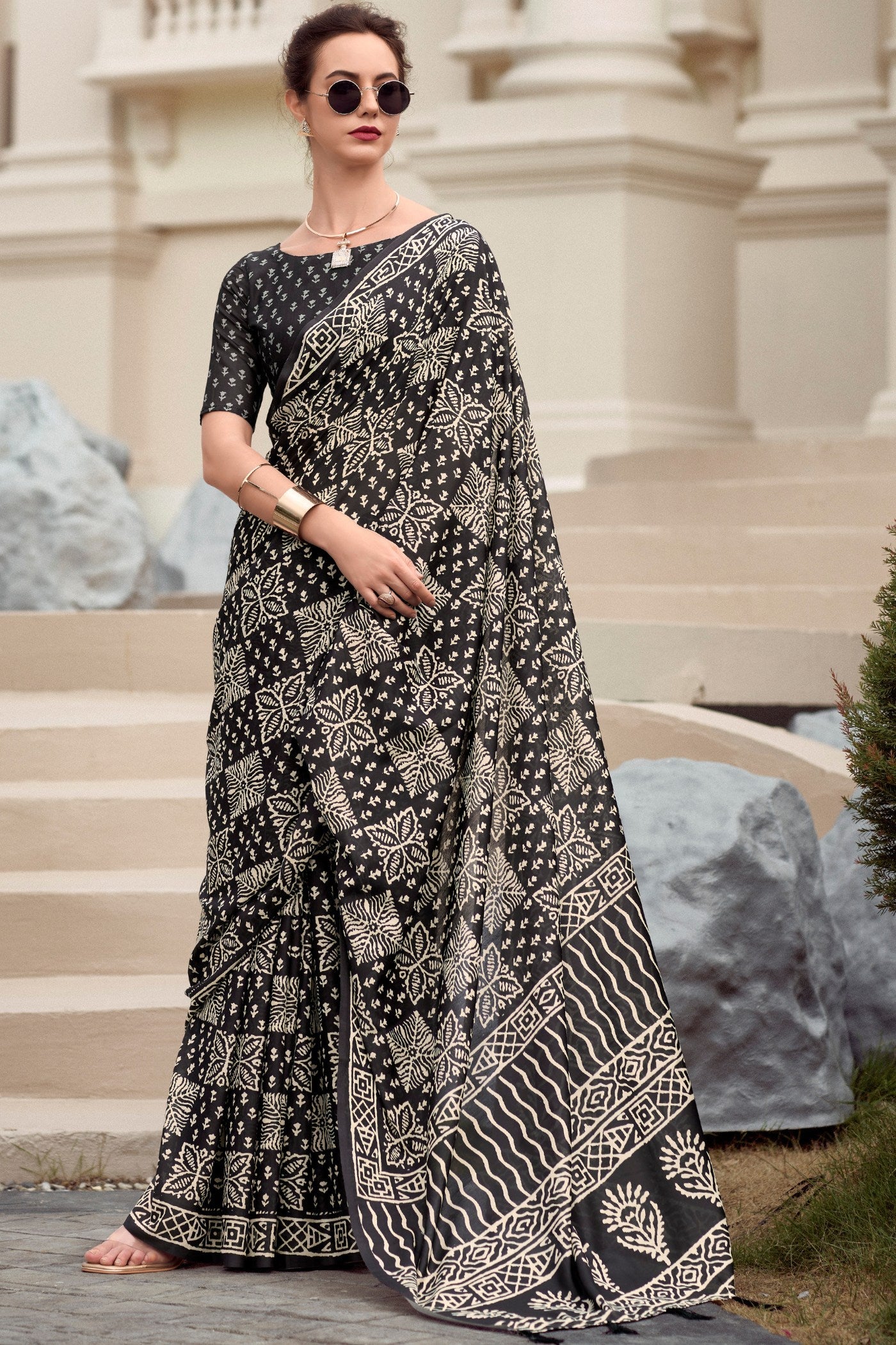 Zeus Black Mul Mul Cotton Saree