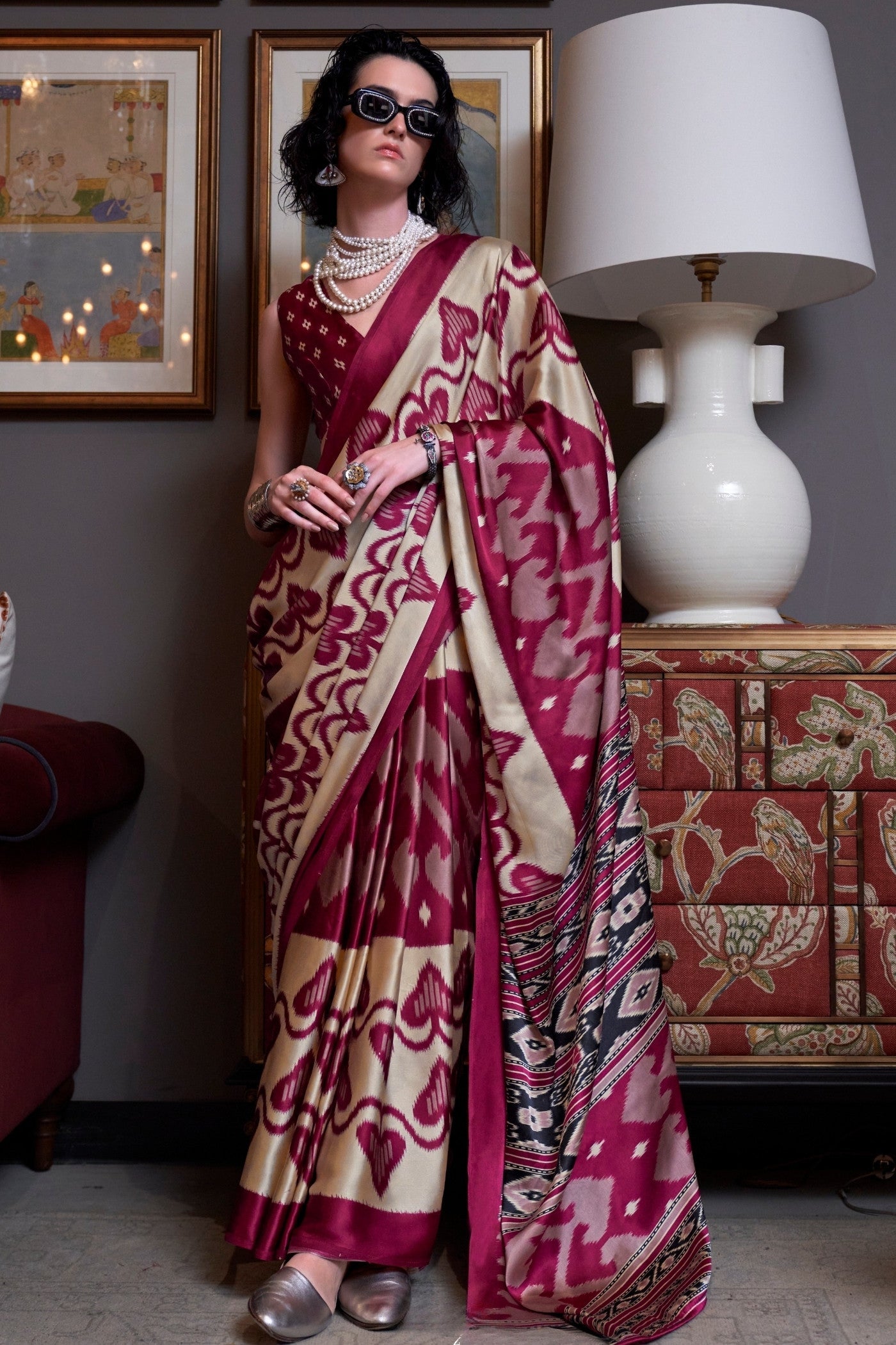 Aesthetic Maroon Patola Printed Satin Crepe Saree