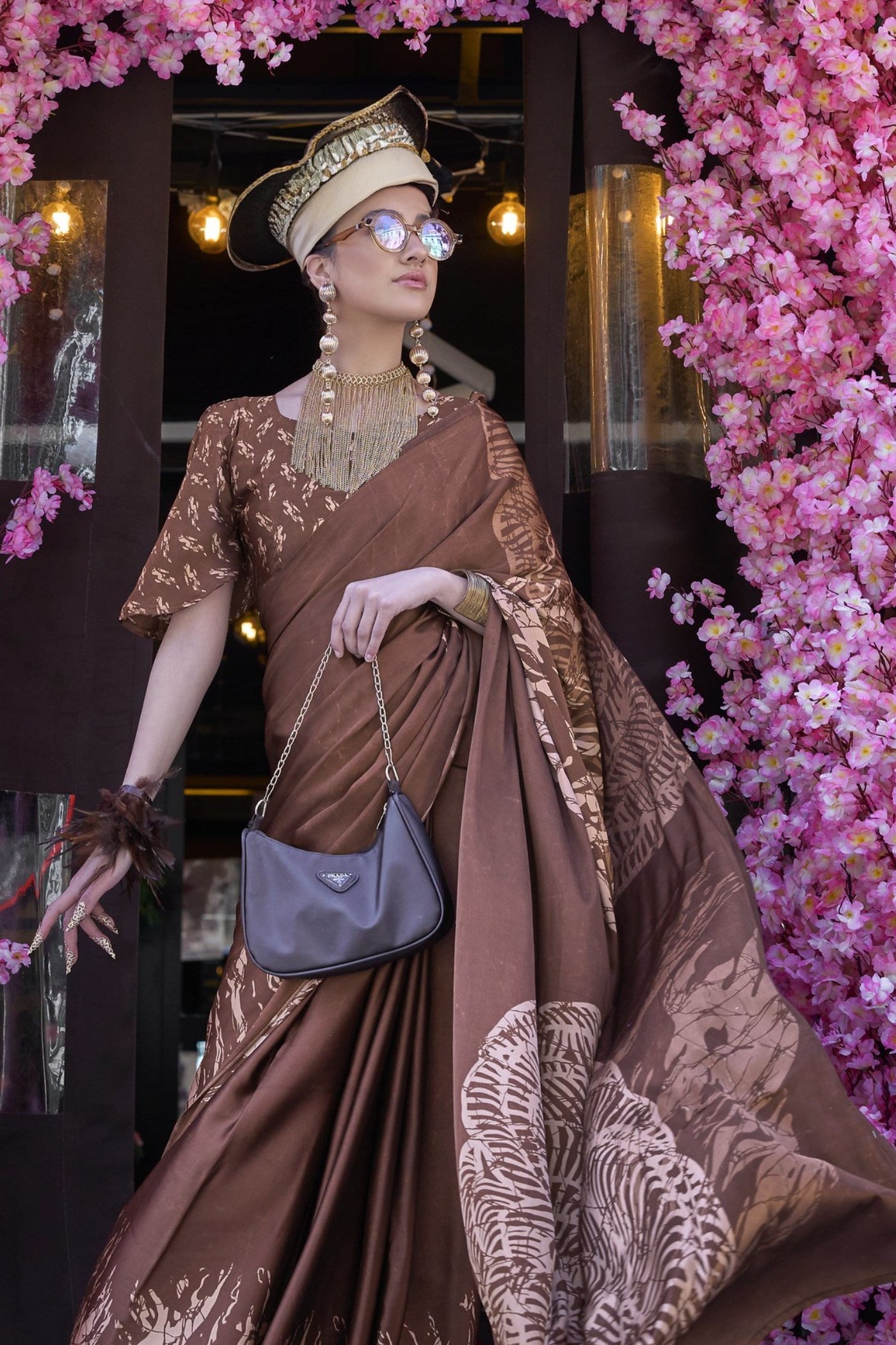 Coco Brown Printed Satin Crepe Silk Saree