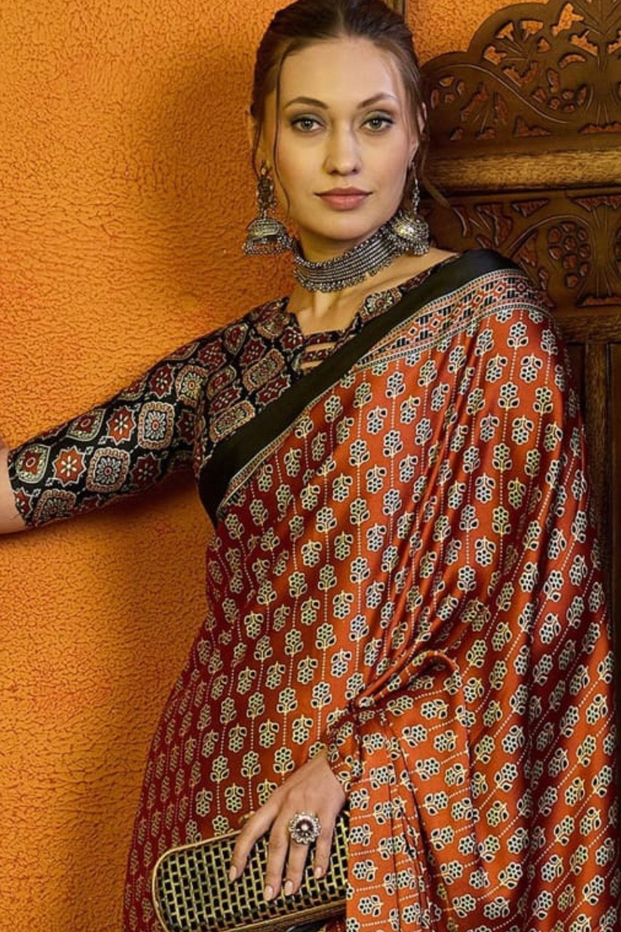 Sepia Skin Brown Printed Ajrakh Satin Crepe Saree