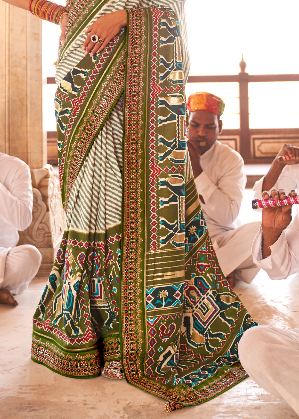 Sycamore Green and White White Woven Patola Saree