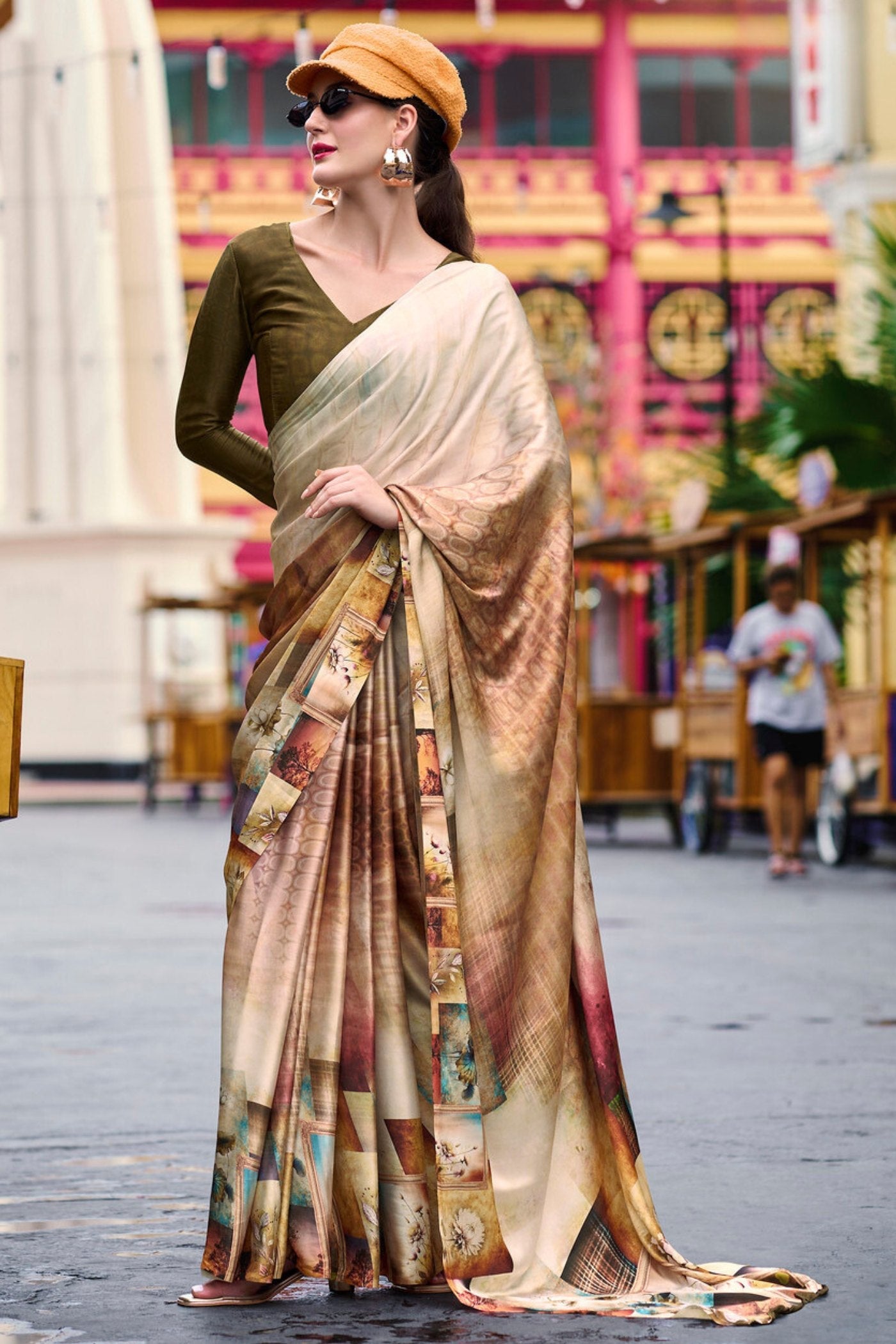 Teak Brown Printed Satin Crepe Silk Saree