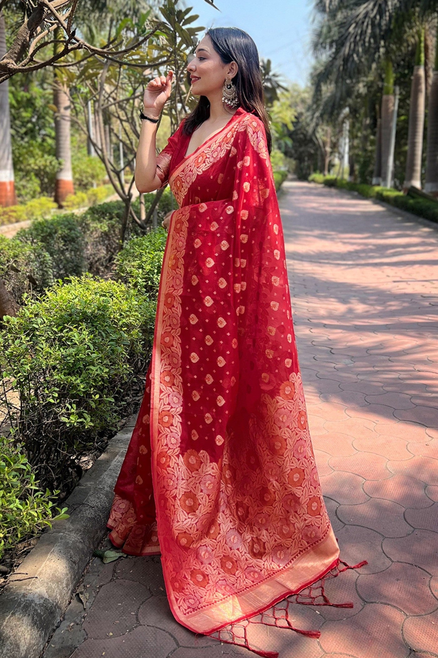 Crimson Red Zari Woven Organza Saree