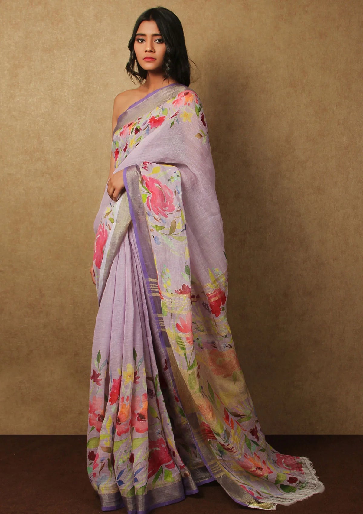 Violet Color Linen Saree With Silver Jari Pattu