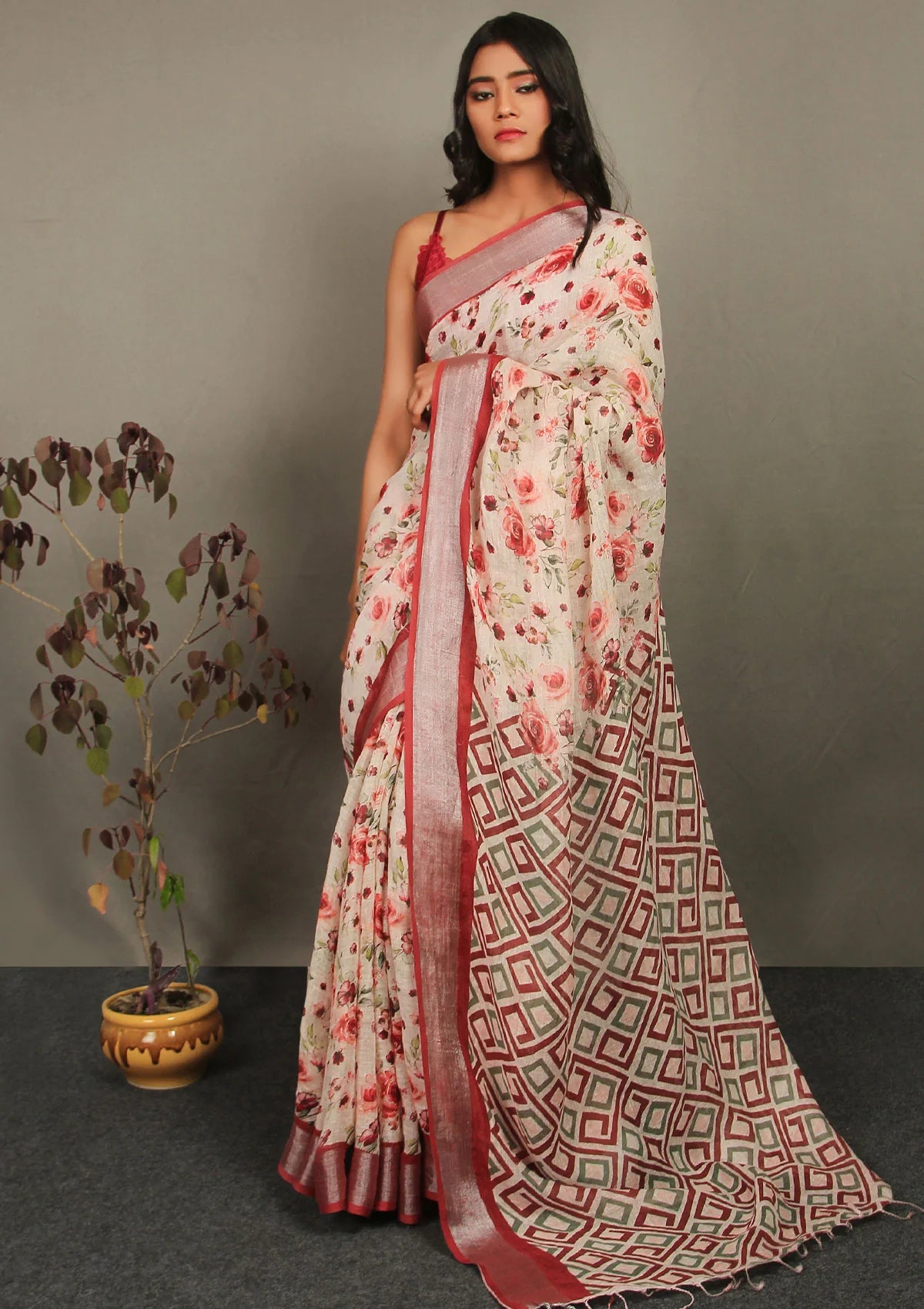 Blushing Pink Color Linen Saree With Silver Jari Pattu