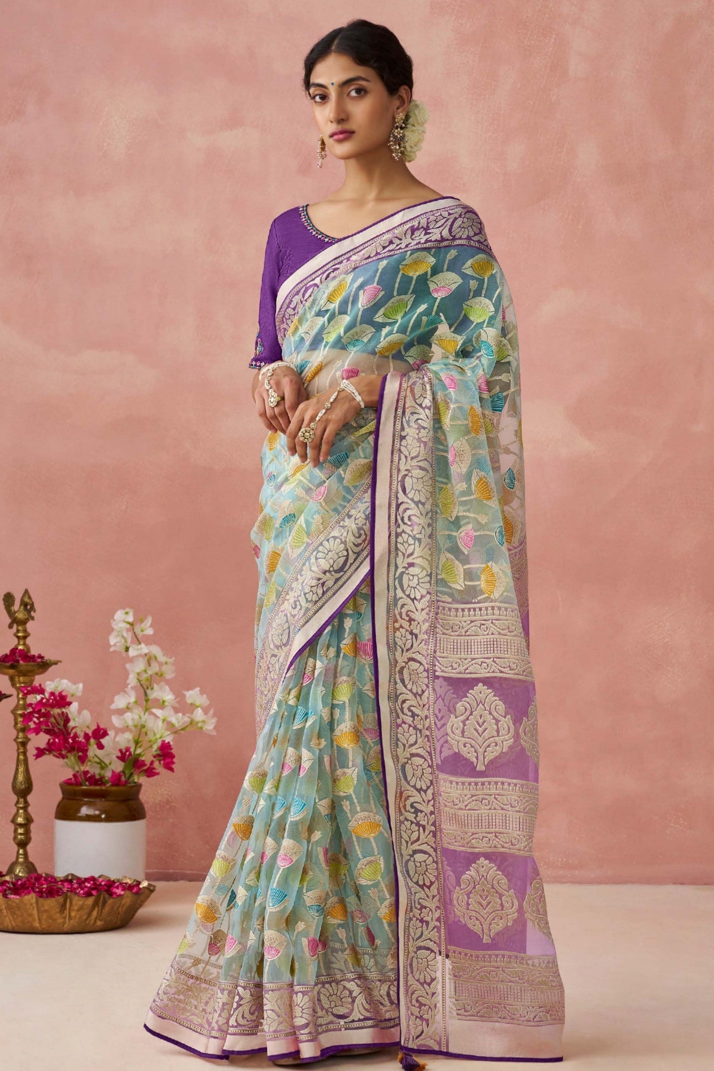 Mantle Green Brasso Organza Printed Saree