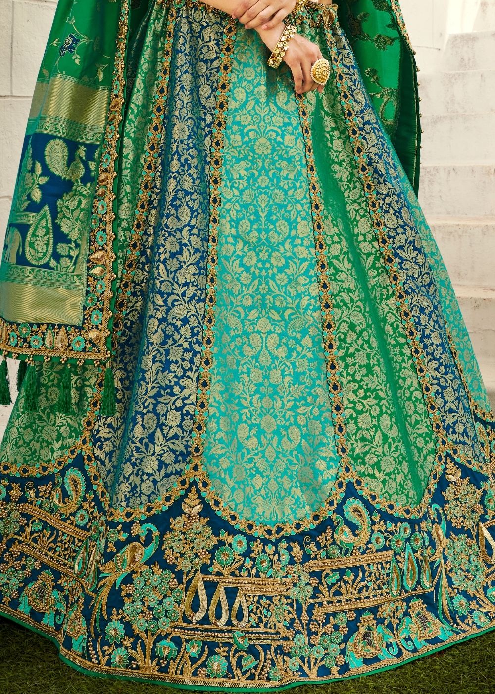 Green Pea Heavy Embroidered Designer Banarasi Lehenga