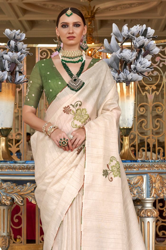 Bone Cream and Green Woven Tussar Floral Silk Saree