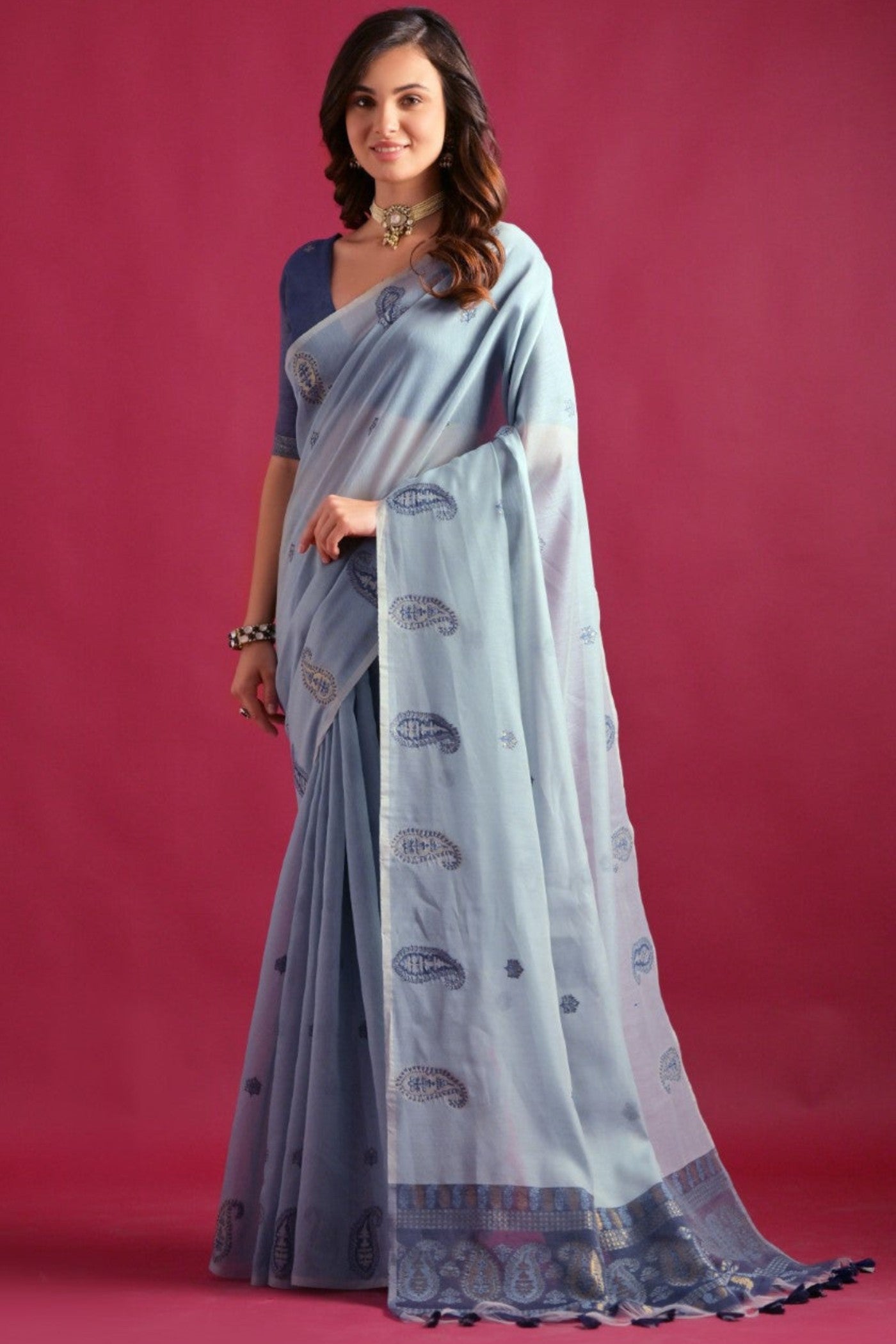 Sky Blue Woven Mul Cotton Saree