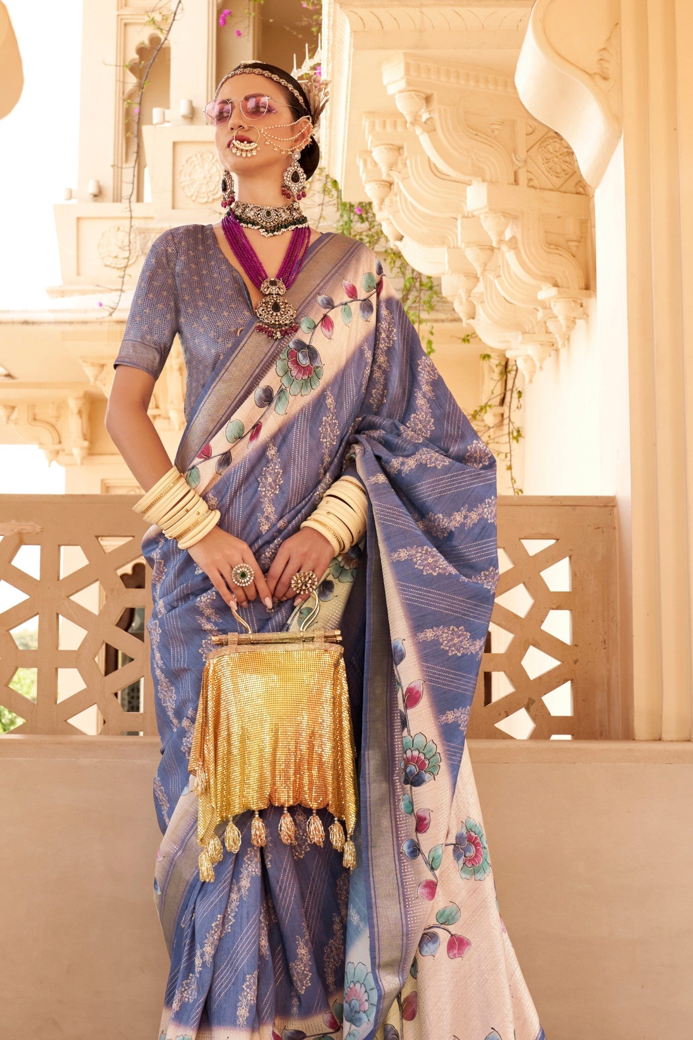 Waterloo Blue Floral Printed Banarasi Saree