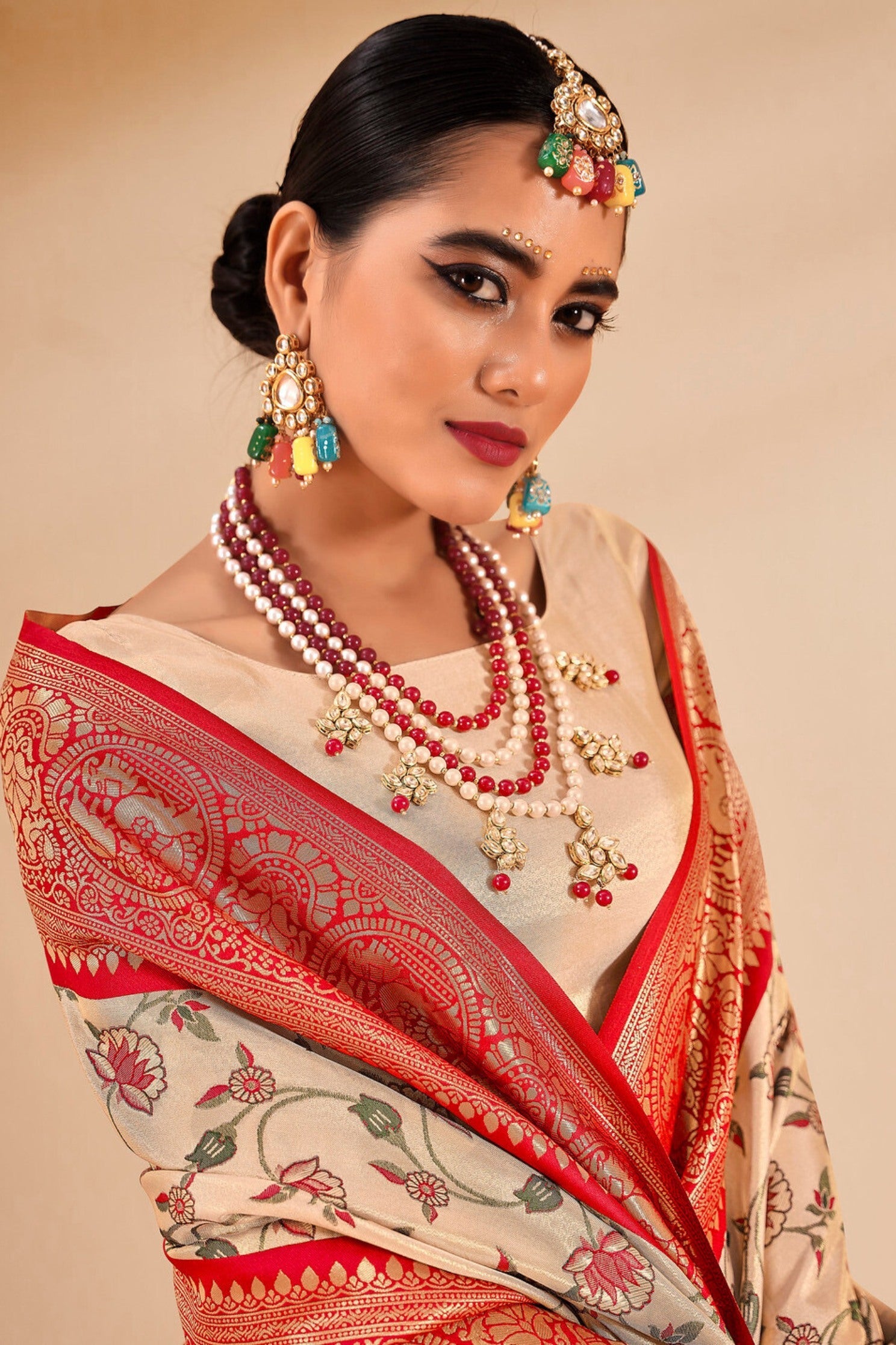 Pancho Cream and Red Zari Woven Banarasi Saree