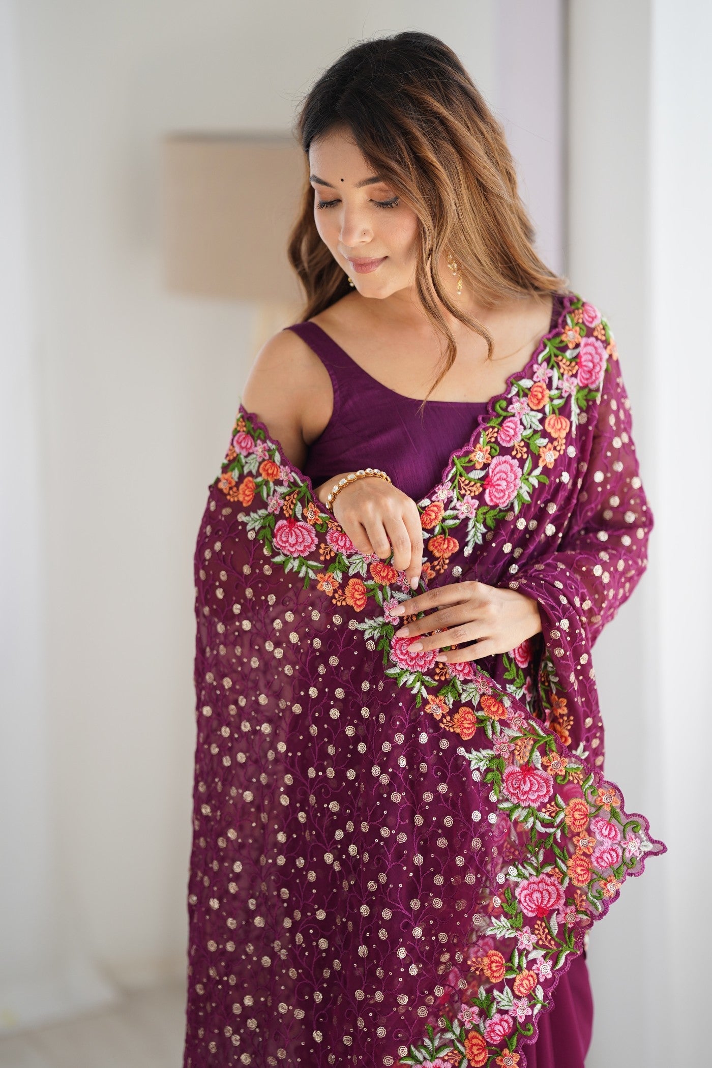 Wine Purple Embroidered Georgette Saree