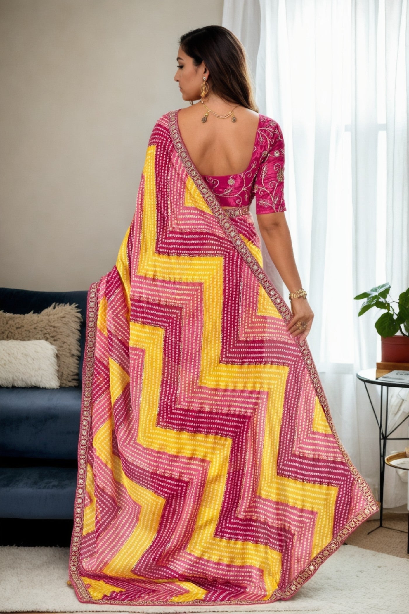 Zest Yellow and Pink Bandhani Digital Printed Silk Saree