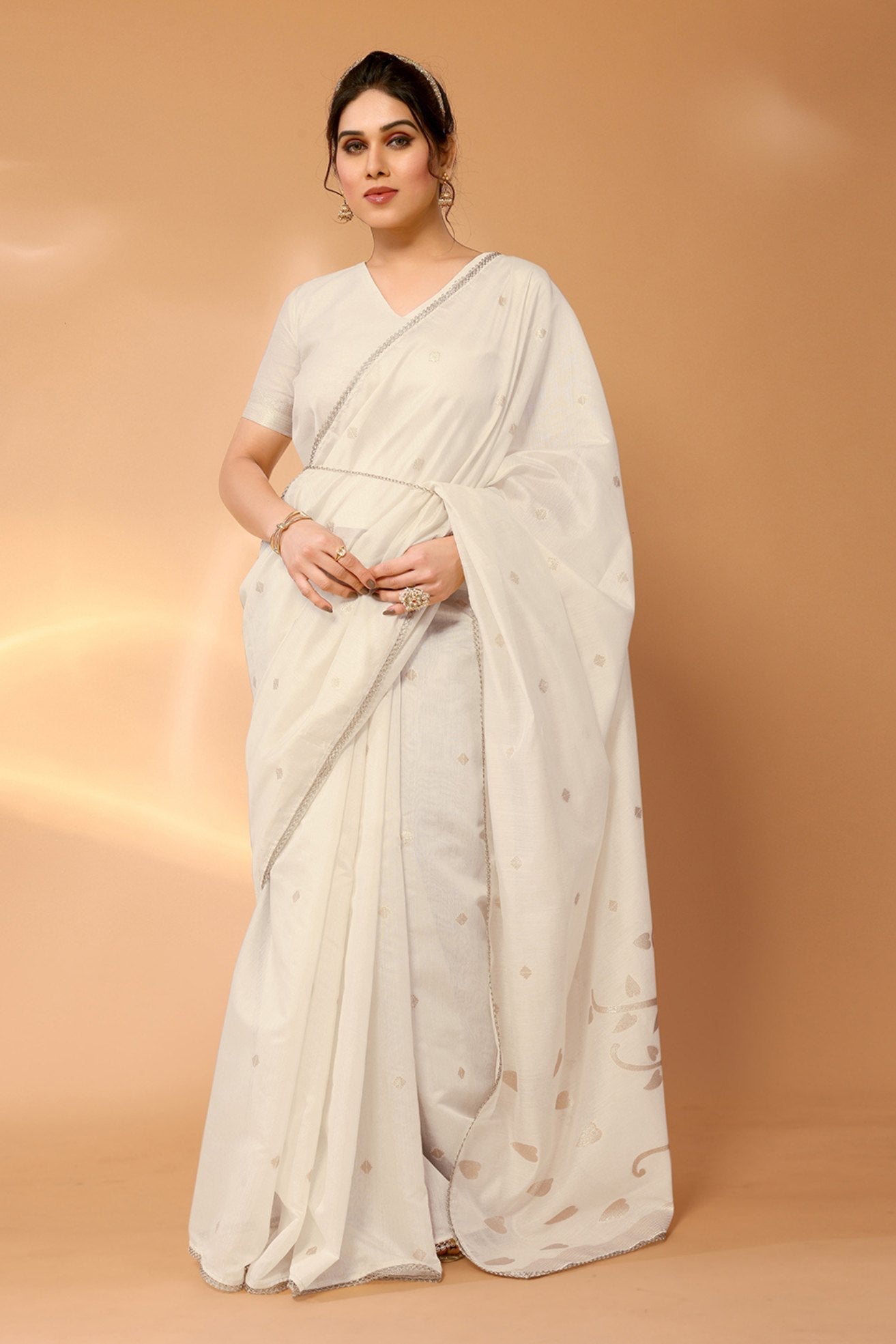 Bone White Woven Chanderi Cotton Saree