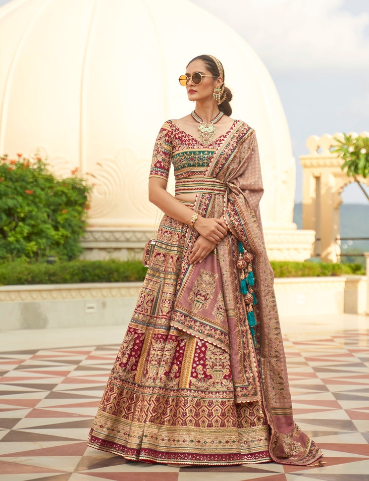 Copper Penny Brown Woven Lehenga Choli With Heavy Embroidery Work