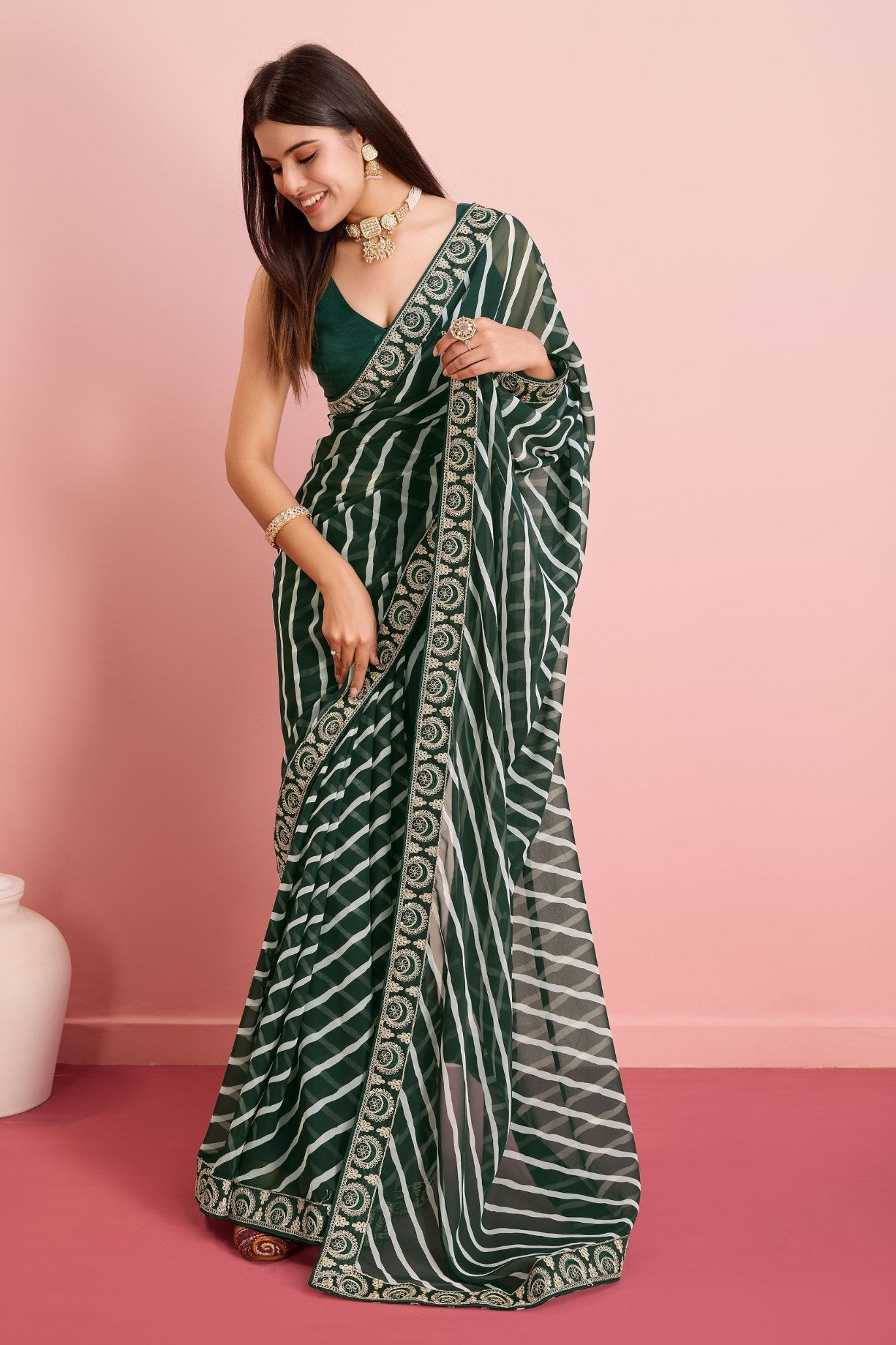 Cape Cod Green Georgette Lehriya Silk saree