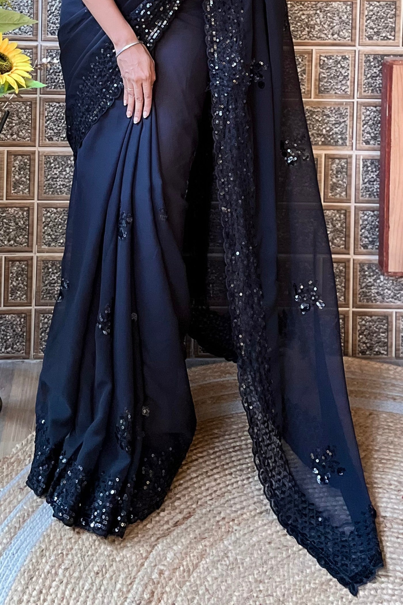 Persian Lily Black Embroidery Georgette saree