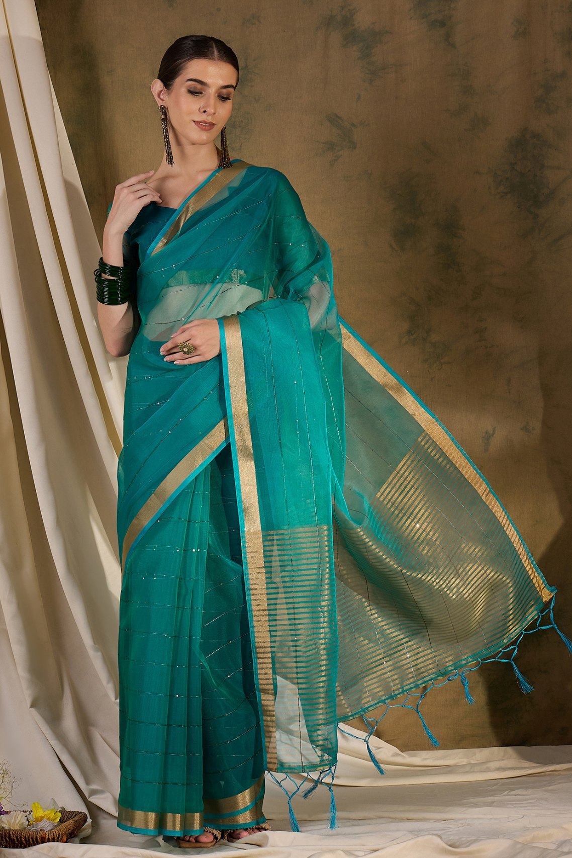 Blue Stone Woven Organza Saree