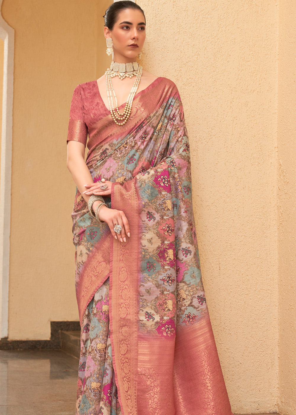 Copper Penny Pink and Brown Digital Printed Tussar Silk Saree