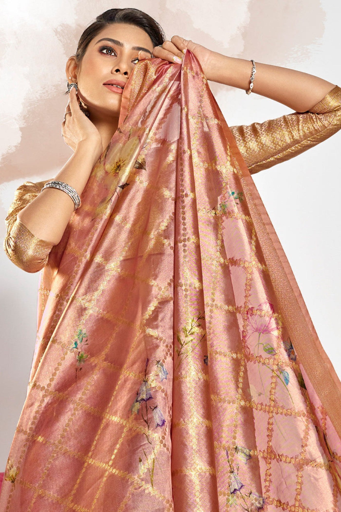 Plum Peach Digital Printed Banarasi Saree