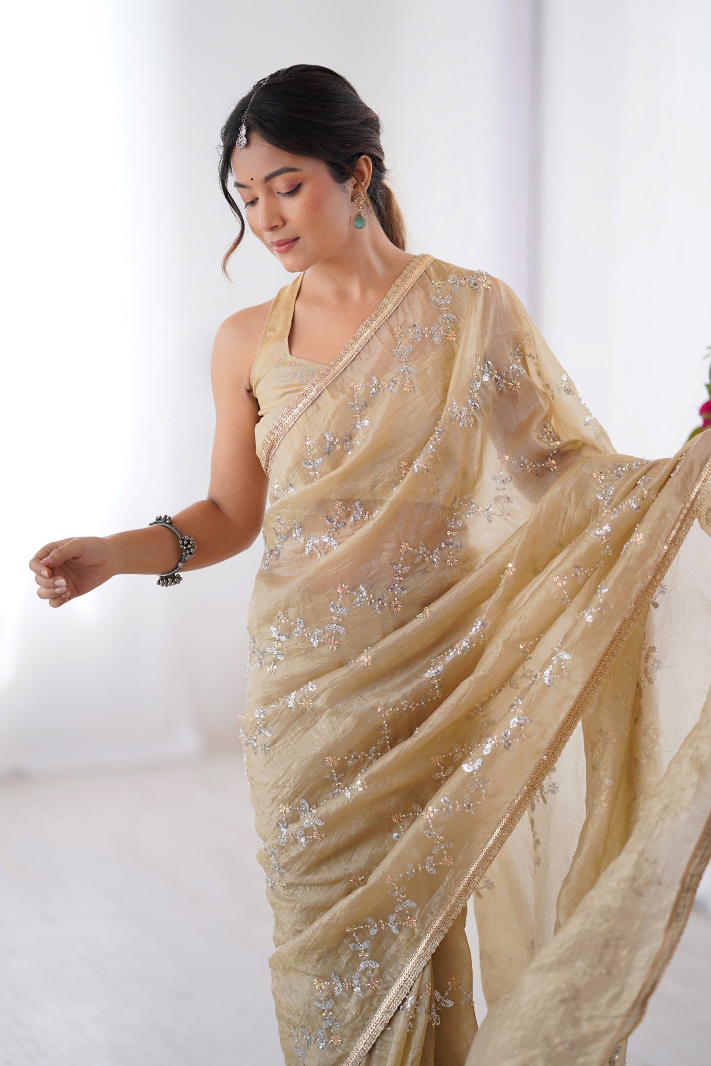 Almond Cream Designer Partywear Saree