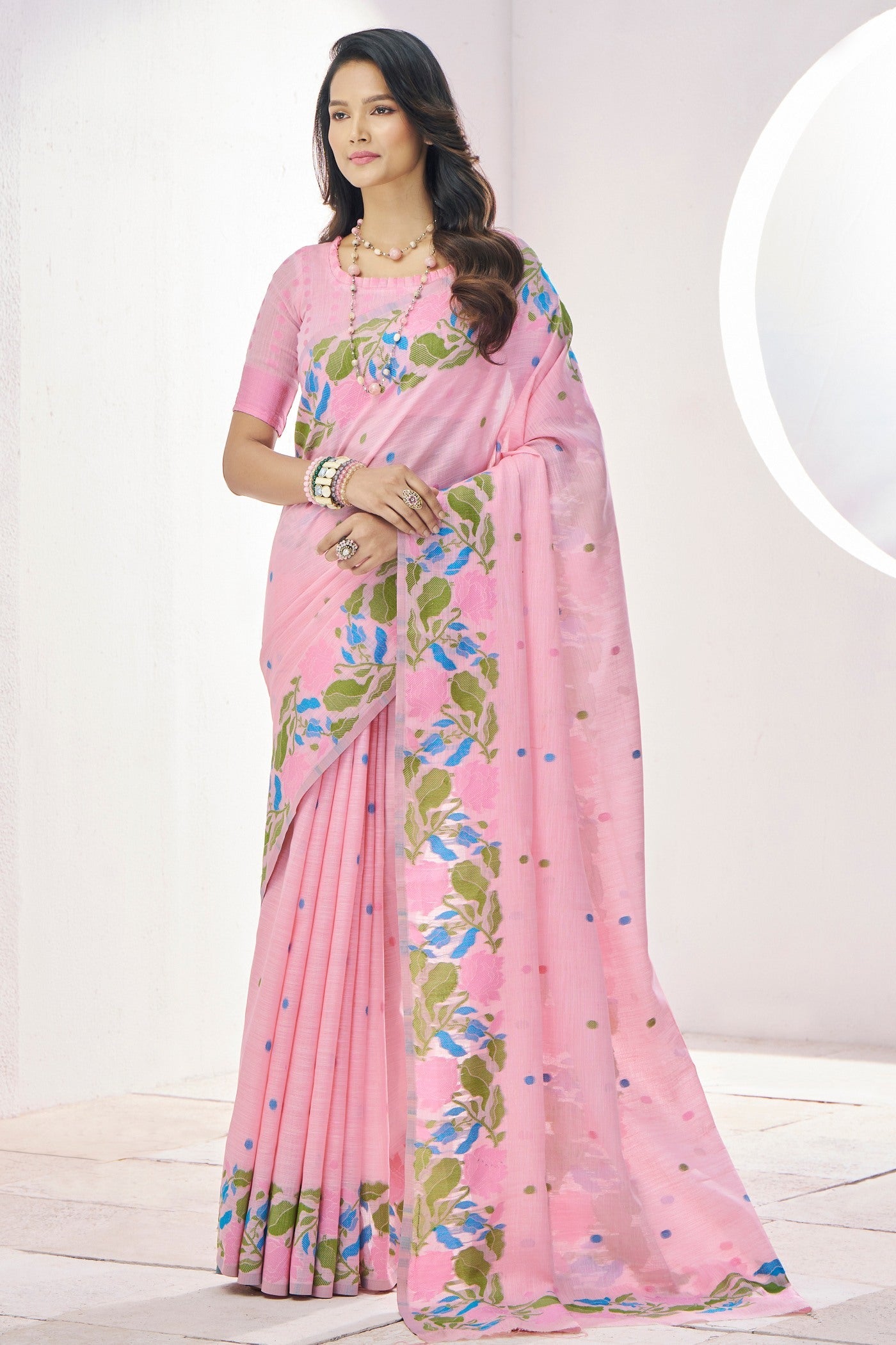 Carissma Pink Printed Linen Saree