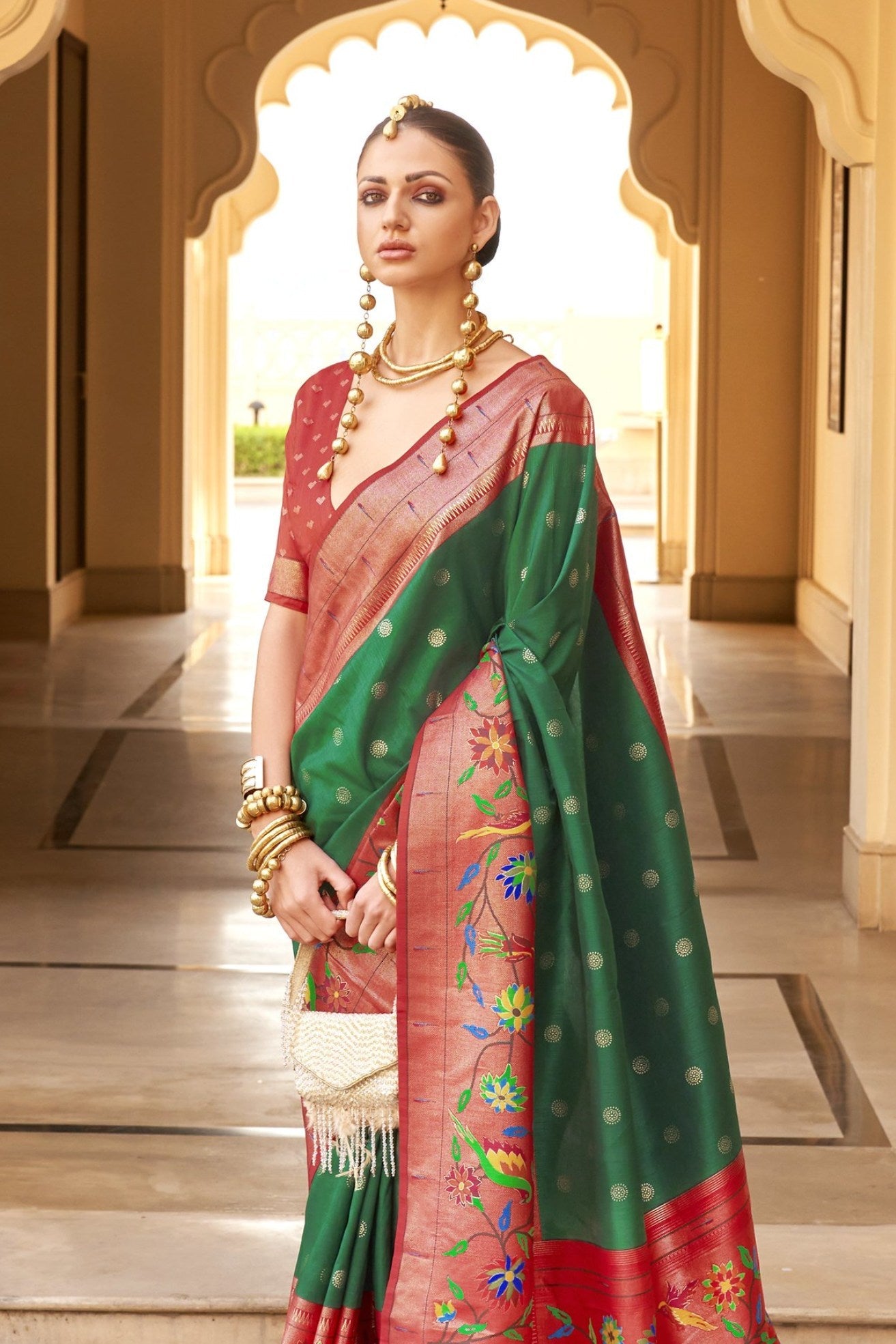 Forewst Green and Red Woven Paithani Designer Saree