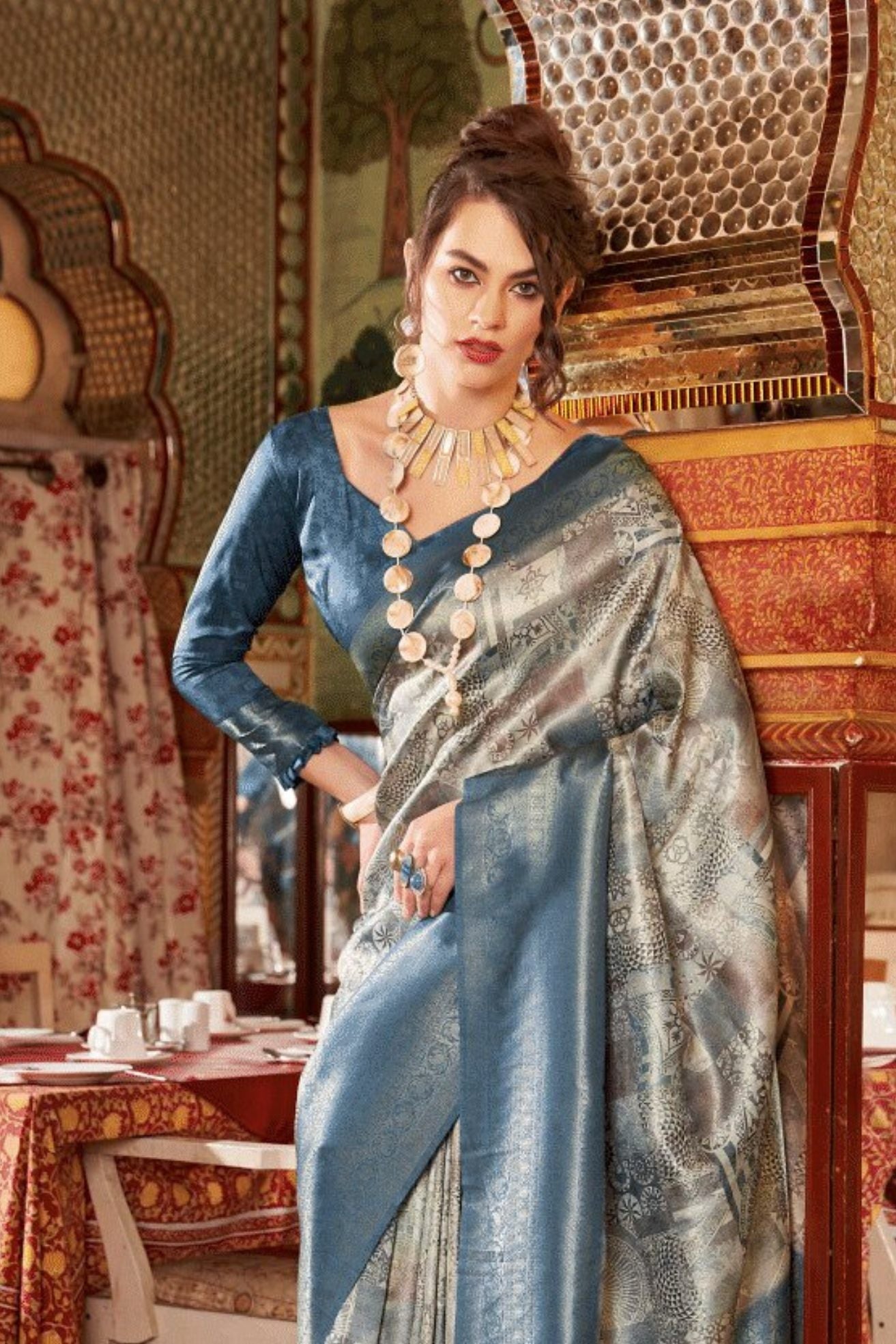 Pablo Grey Banarasi Digital Printed Saree