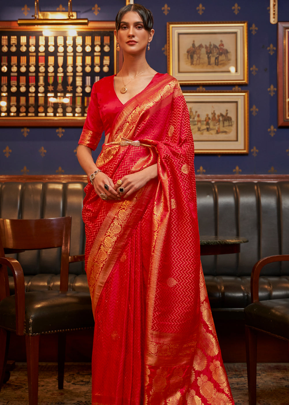 Rusty Red Woven Banarasi Silk Saree