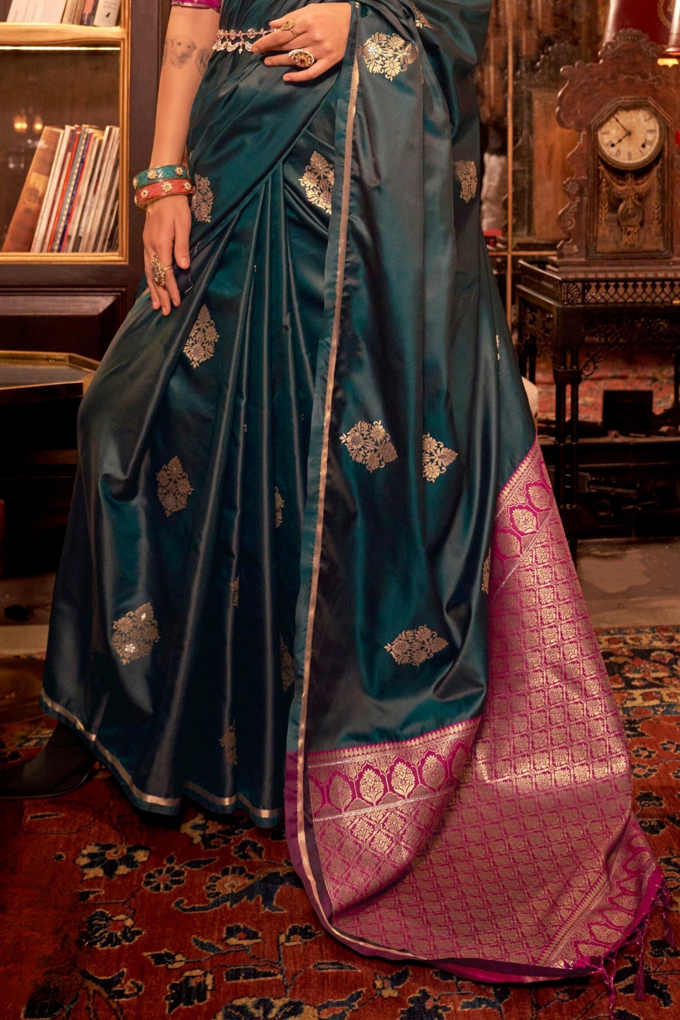 Bunker Green Banarasi Satin Saree