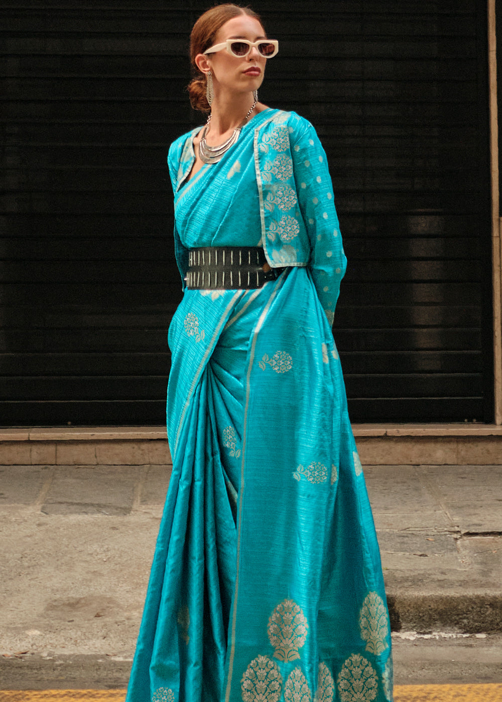 Pacific Blue Woven Banarasi Satin Silk Saree