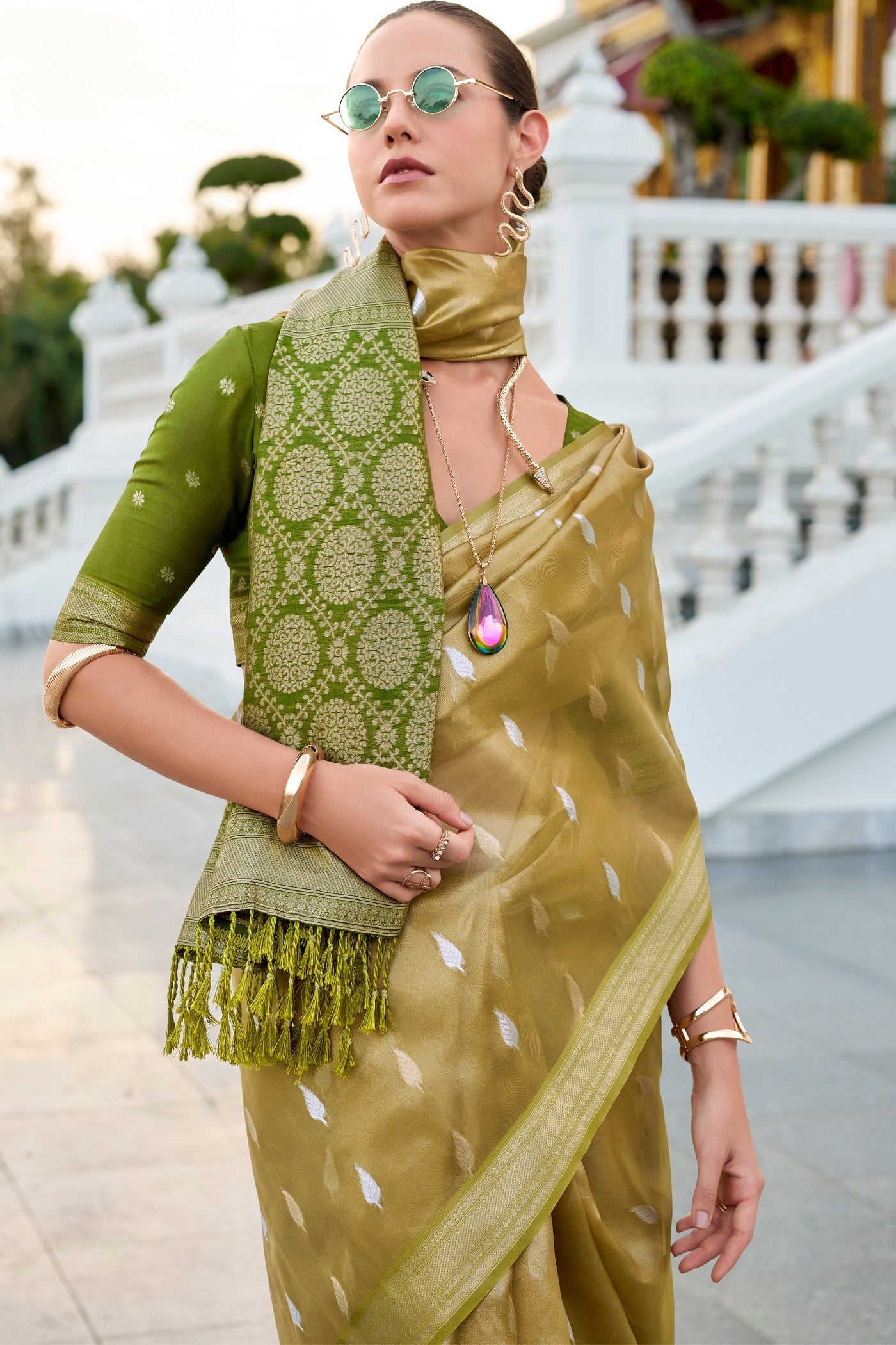 Husk Green Tissue Silk Saree