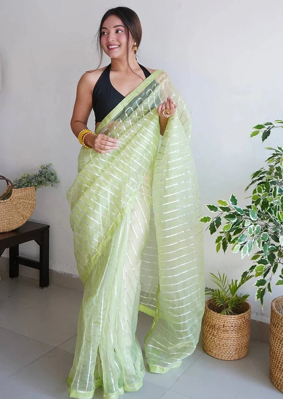 Soft Refined Organza Silk Saree With Silver Gota Work