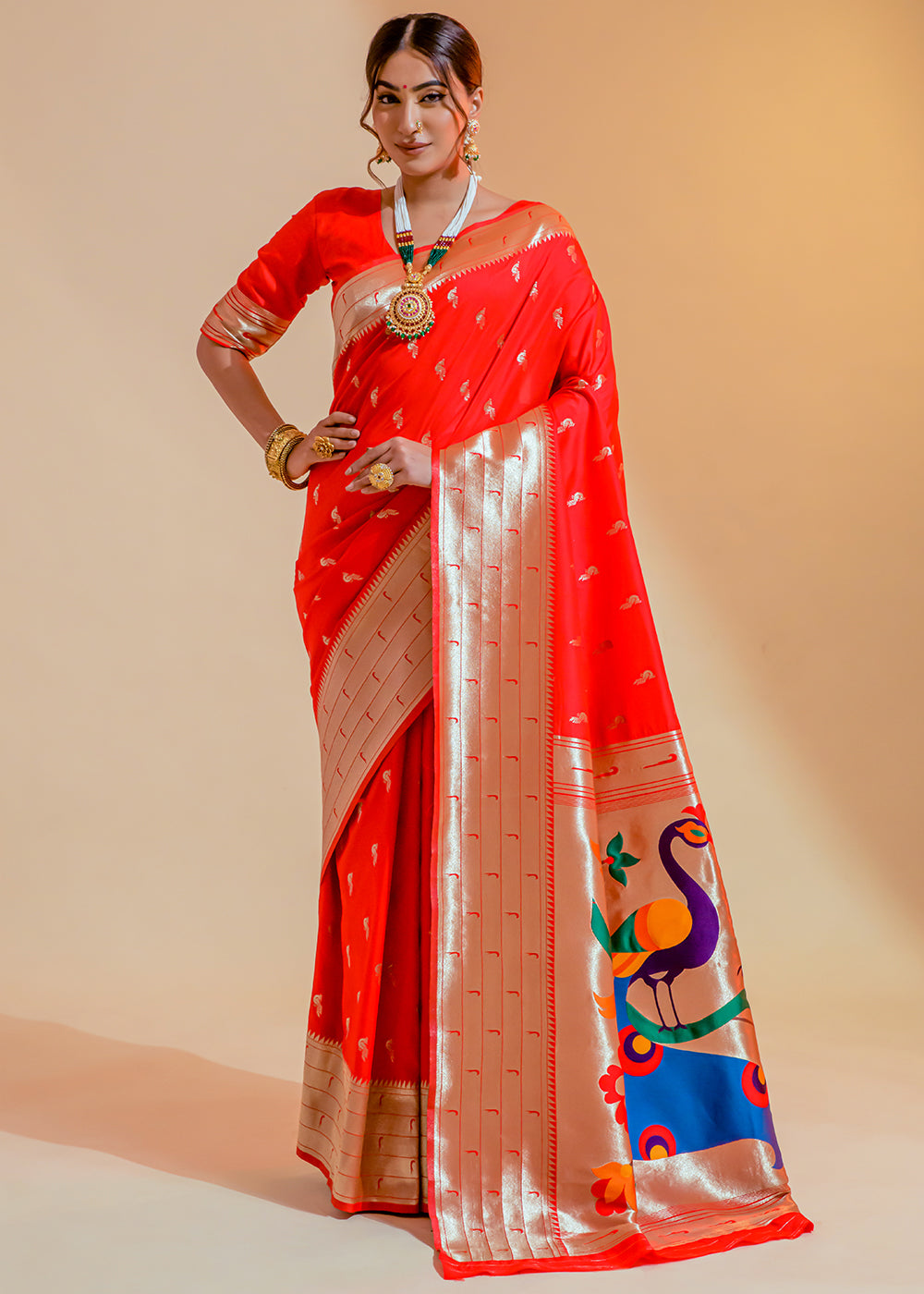 Orange Red Woven Paithani Silk Saree