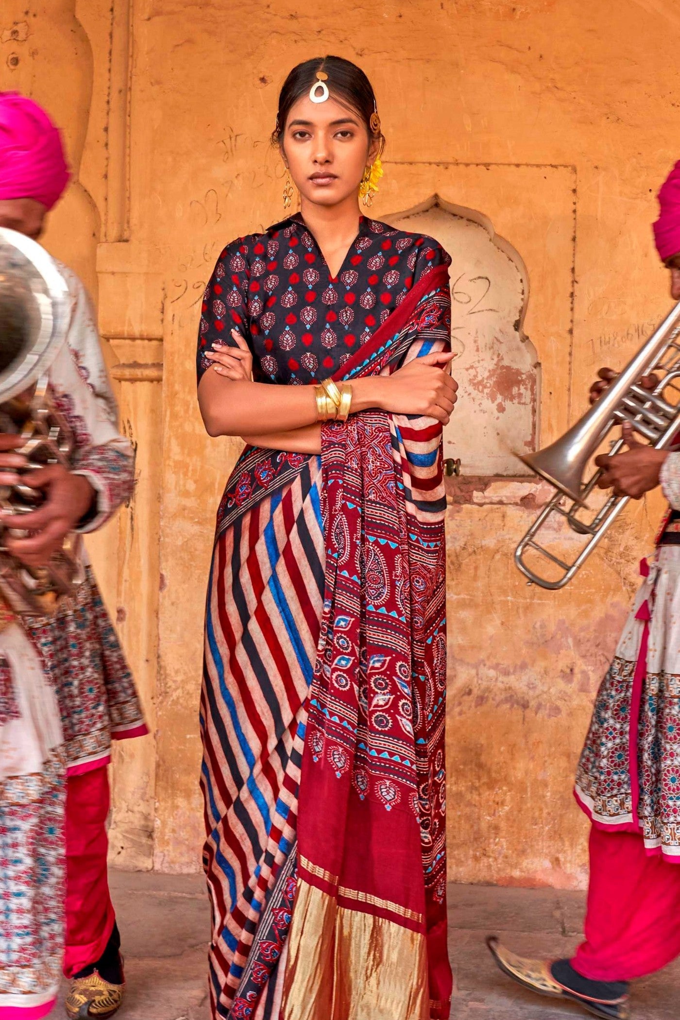 Tawny Port Maroon Ajrakh Handprinted Satin Saree