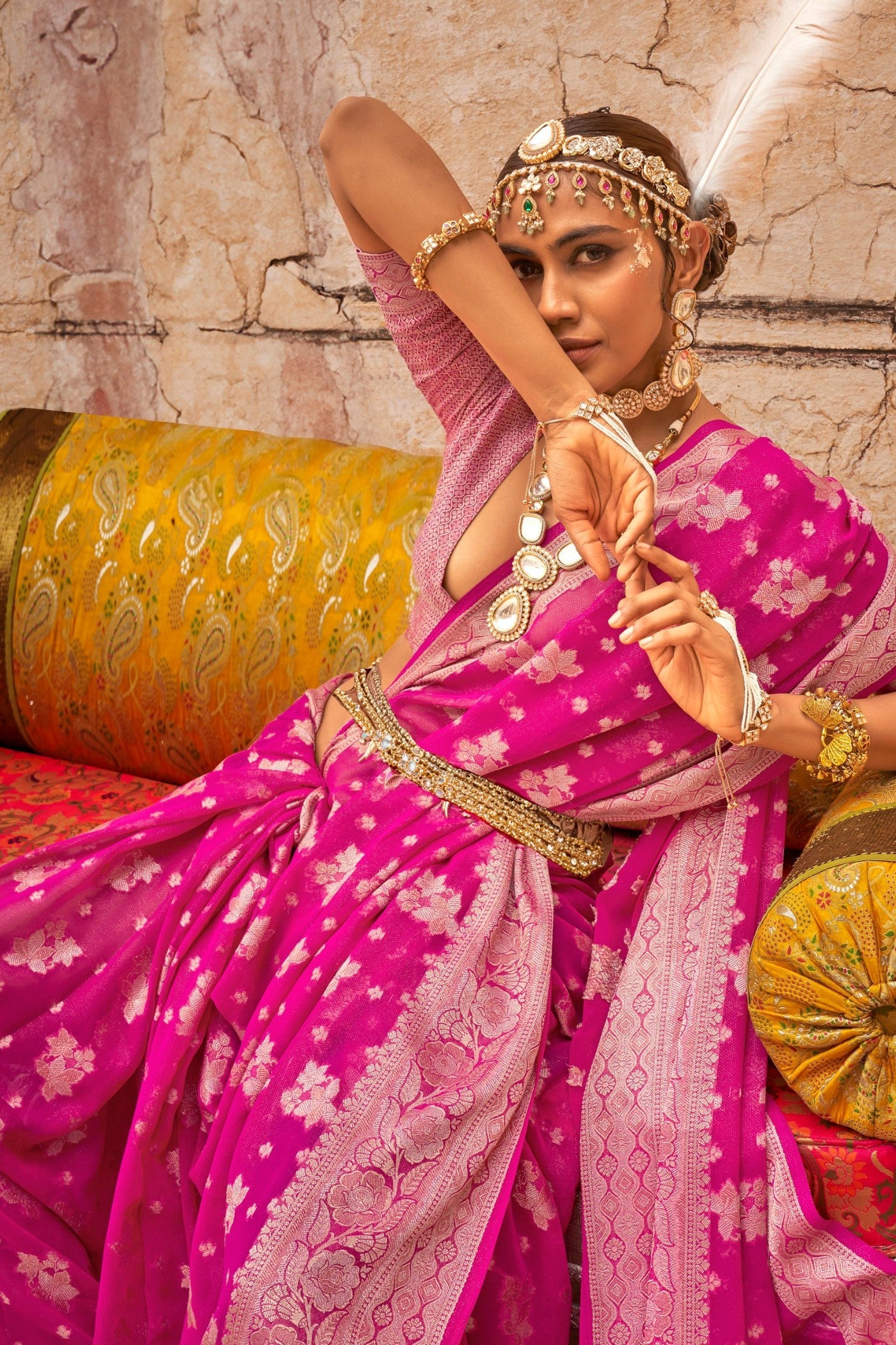 Magenta Pink Zari Woven Georgette Saree