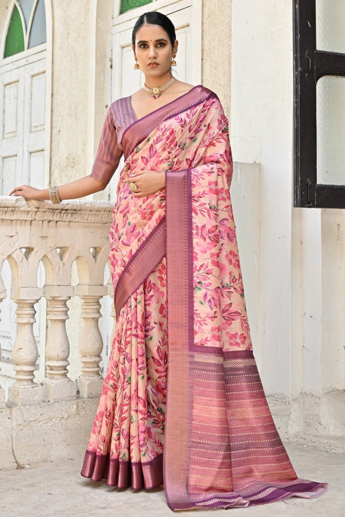 Wewak Pink Tussar Printed Silk Saree