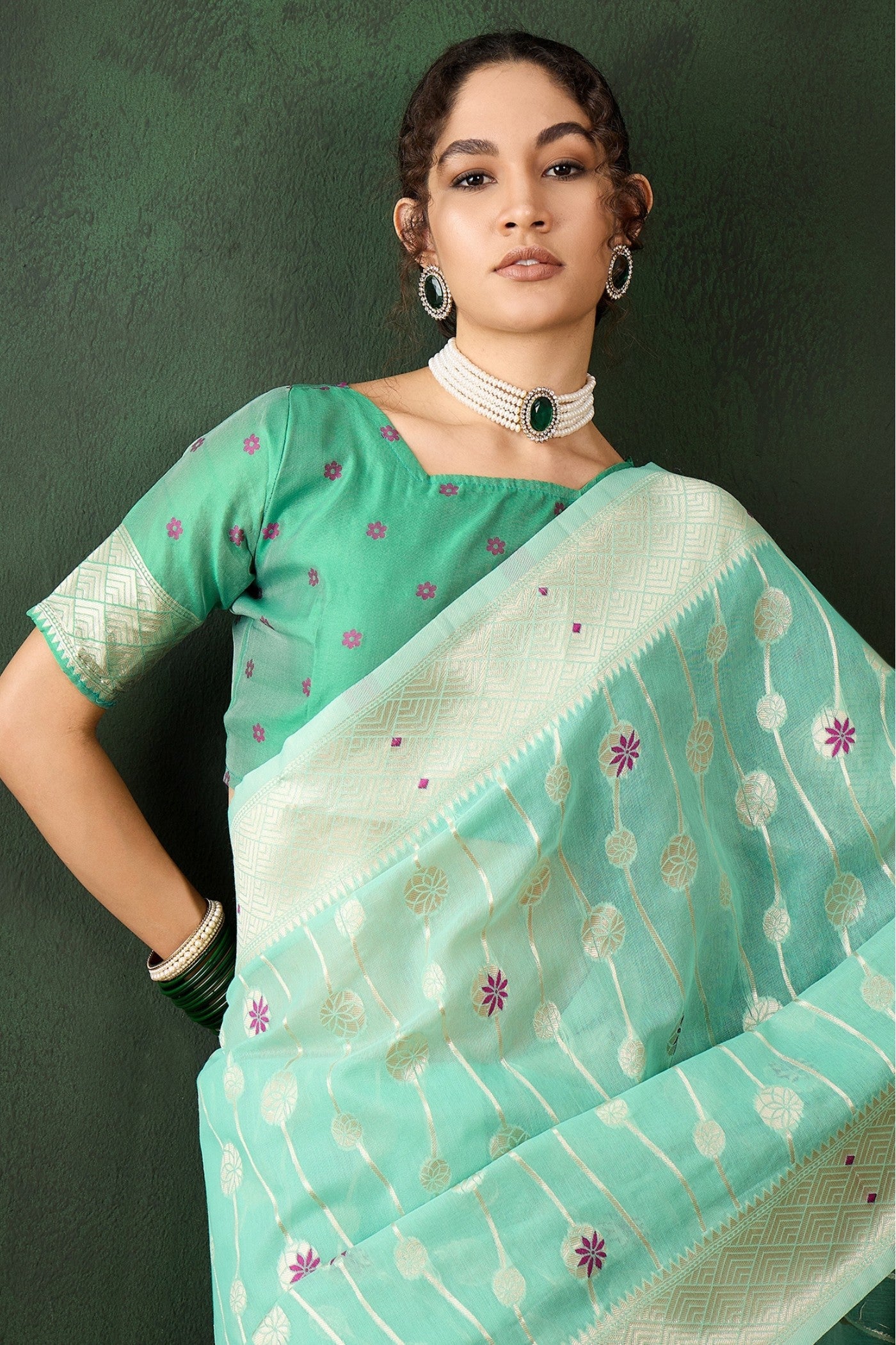 Sage Green Woven Cotton Saree