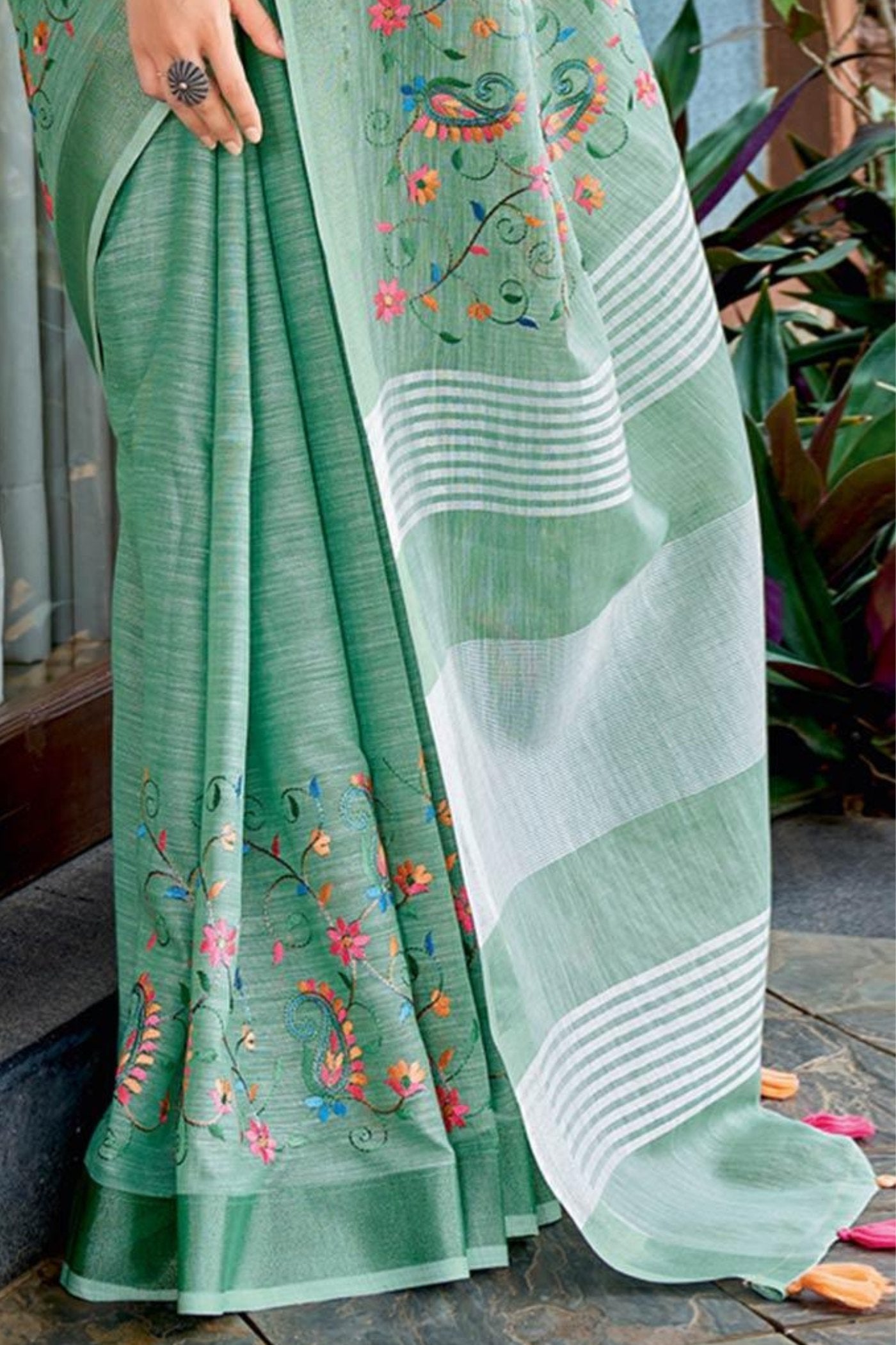 Summer Green Handcrafted Linen Saree