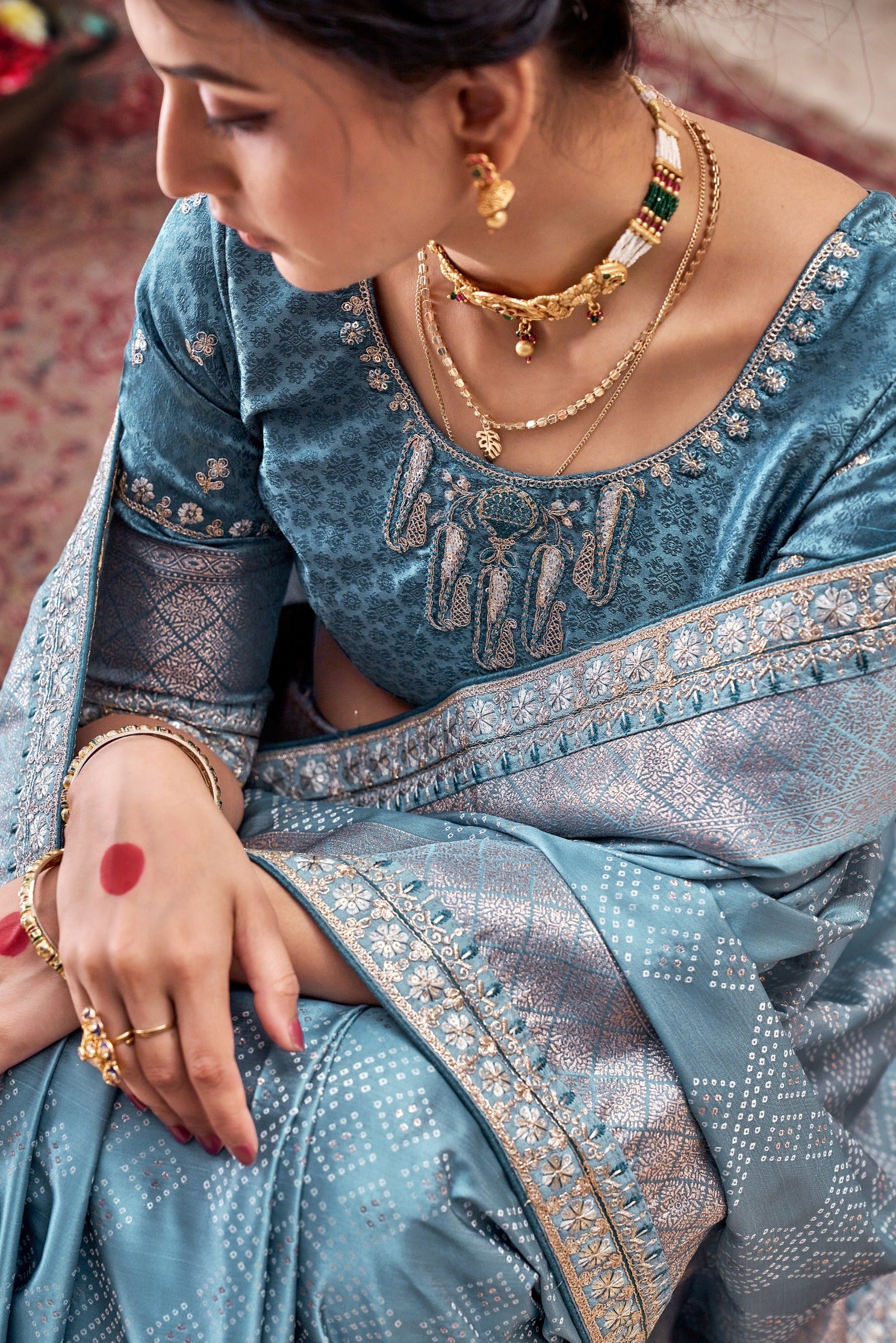 Pearl Blue Embroidered Satin Silk Saree