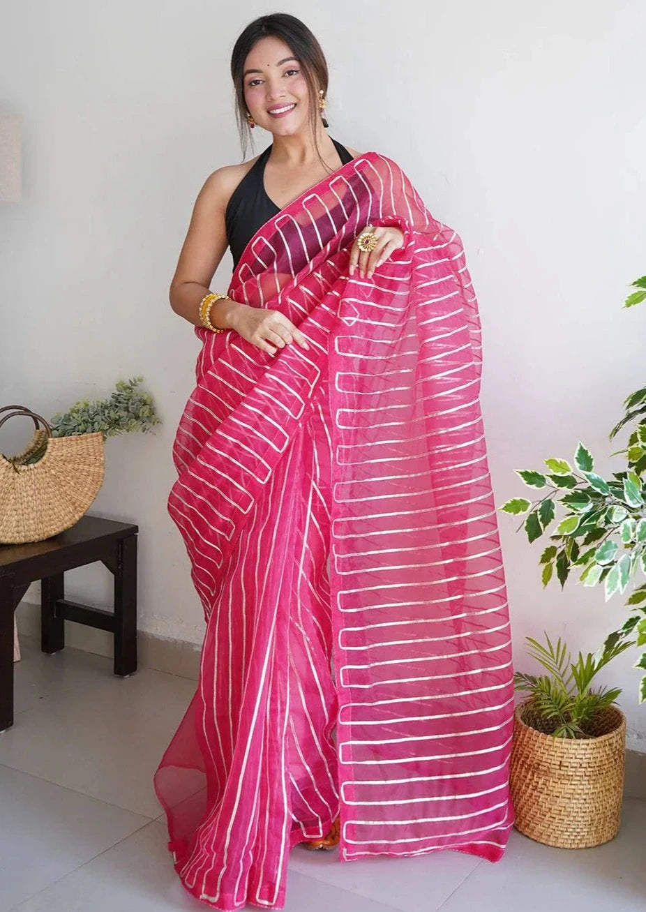 Soft Refined Organza Silk Saree With Silver Gota Work