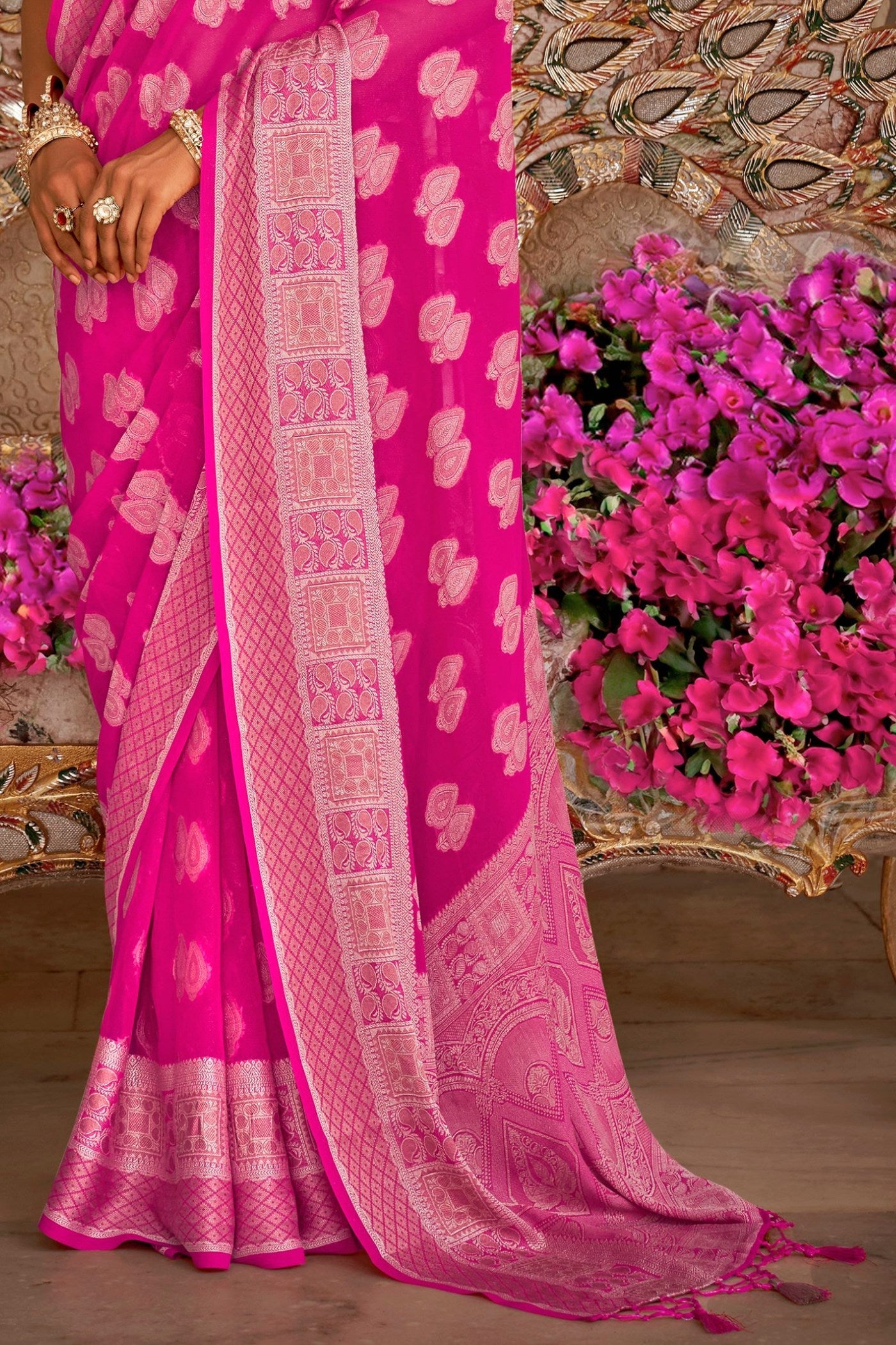 French Rose Pink Zari Woven Georgette Saree