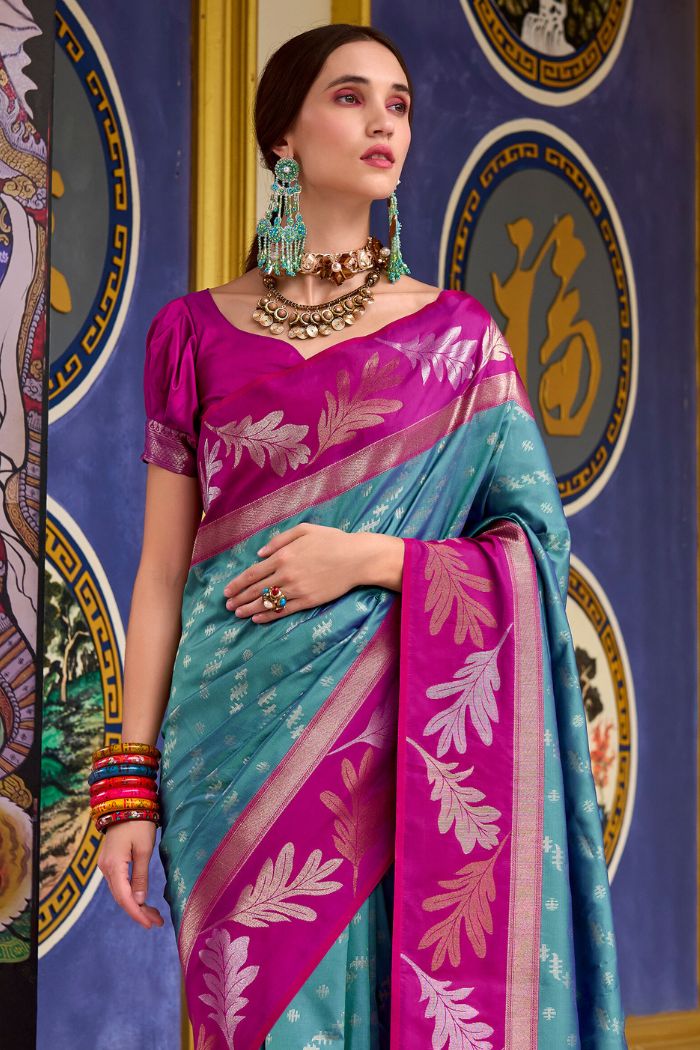 Breaker Bay Blue and Pink Banarasi Soft Silk Saree