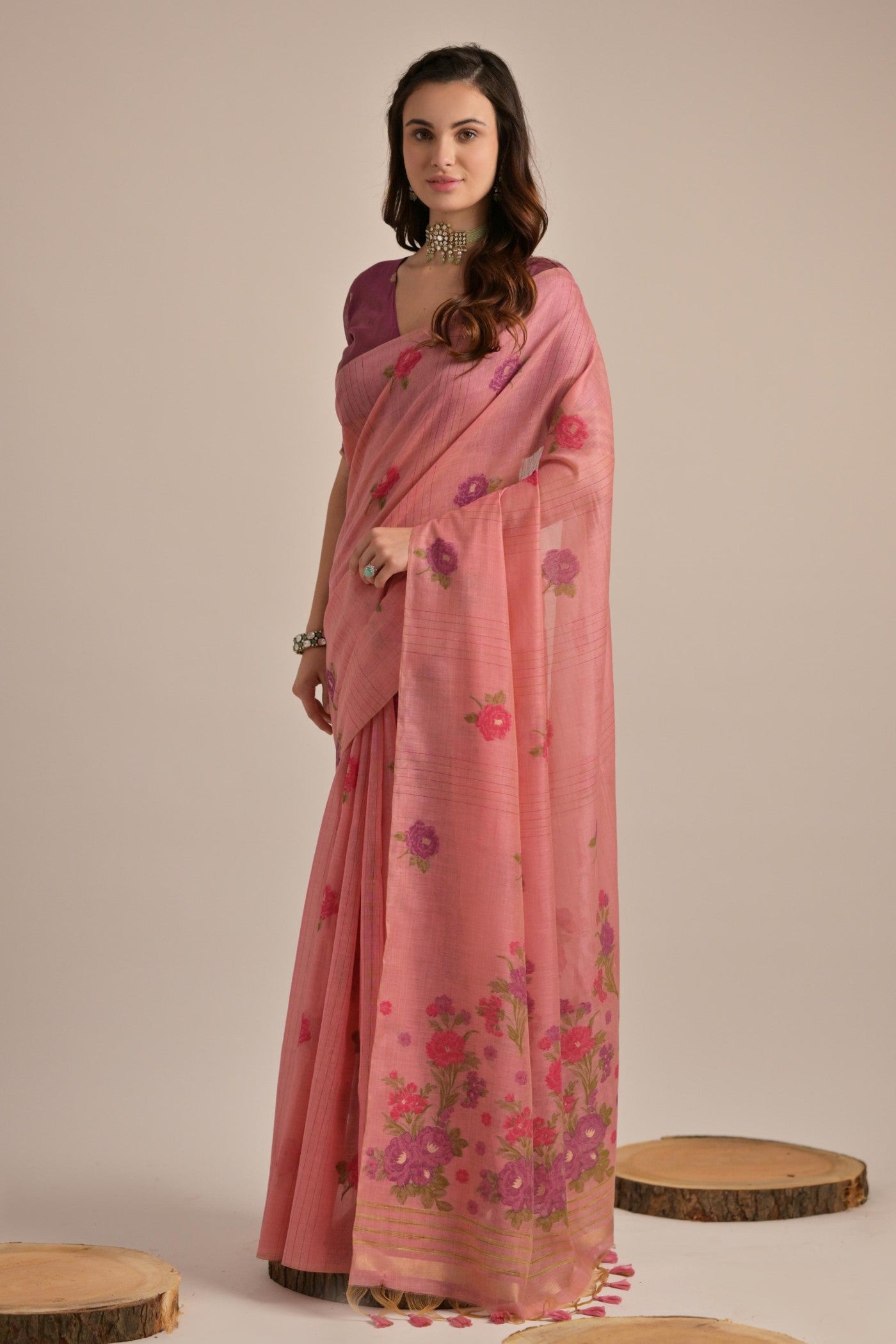 Flower Peach Floral Woven Muga Cotton Saree